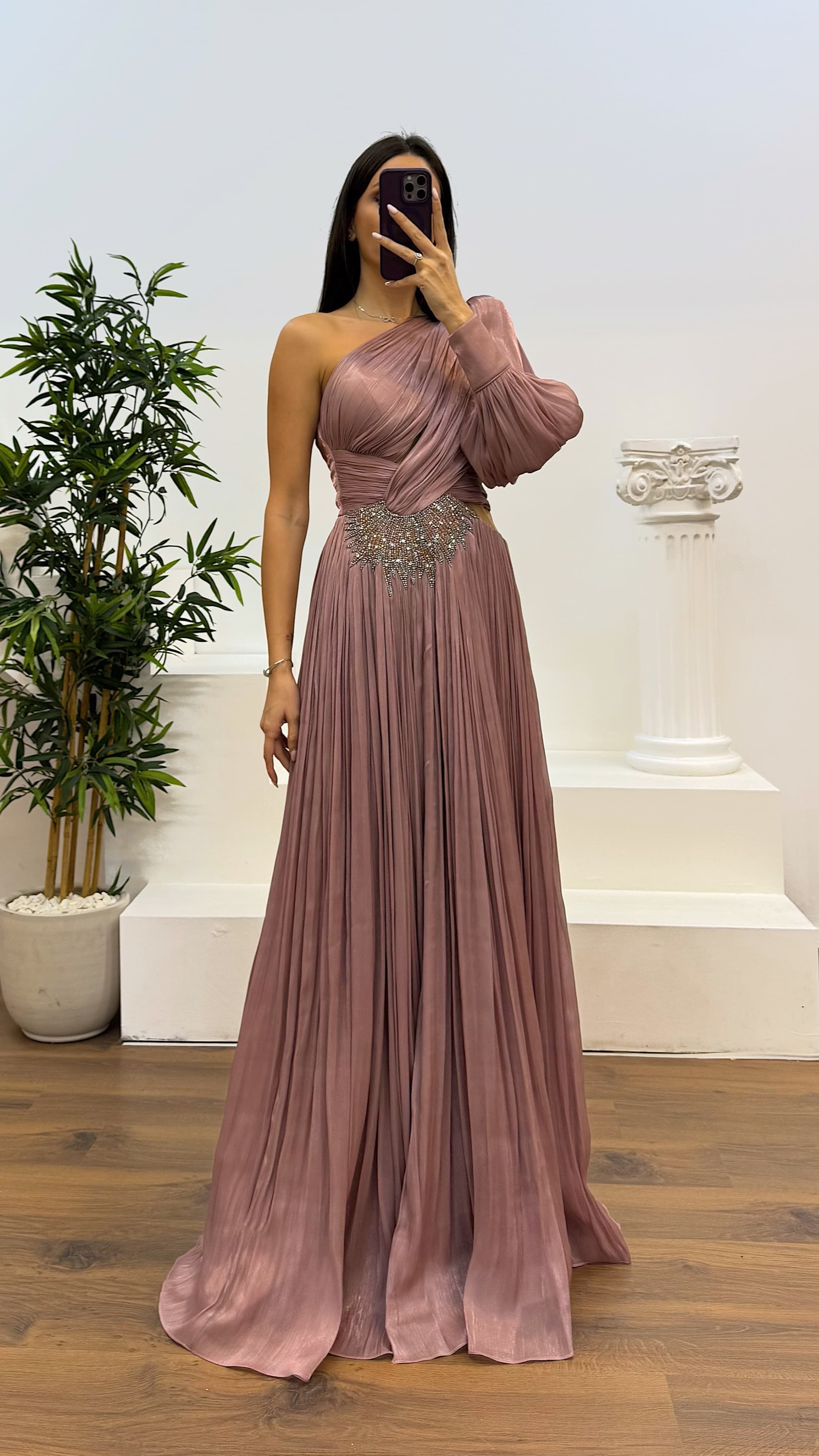 Single Sleeve Pleated Evening Dress