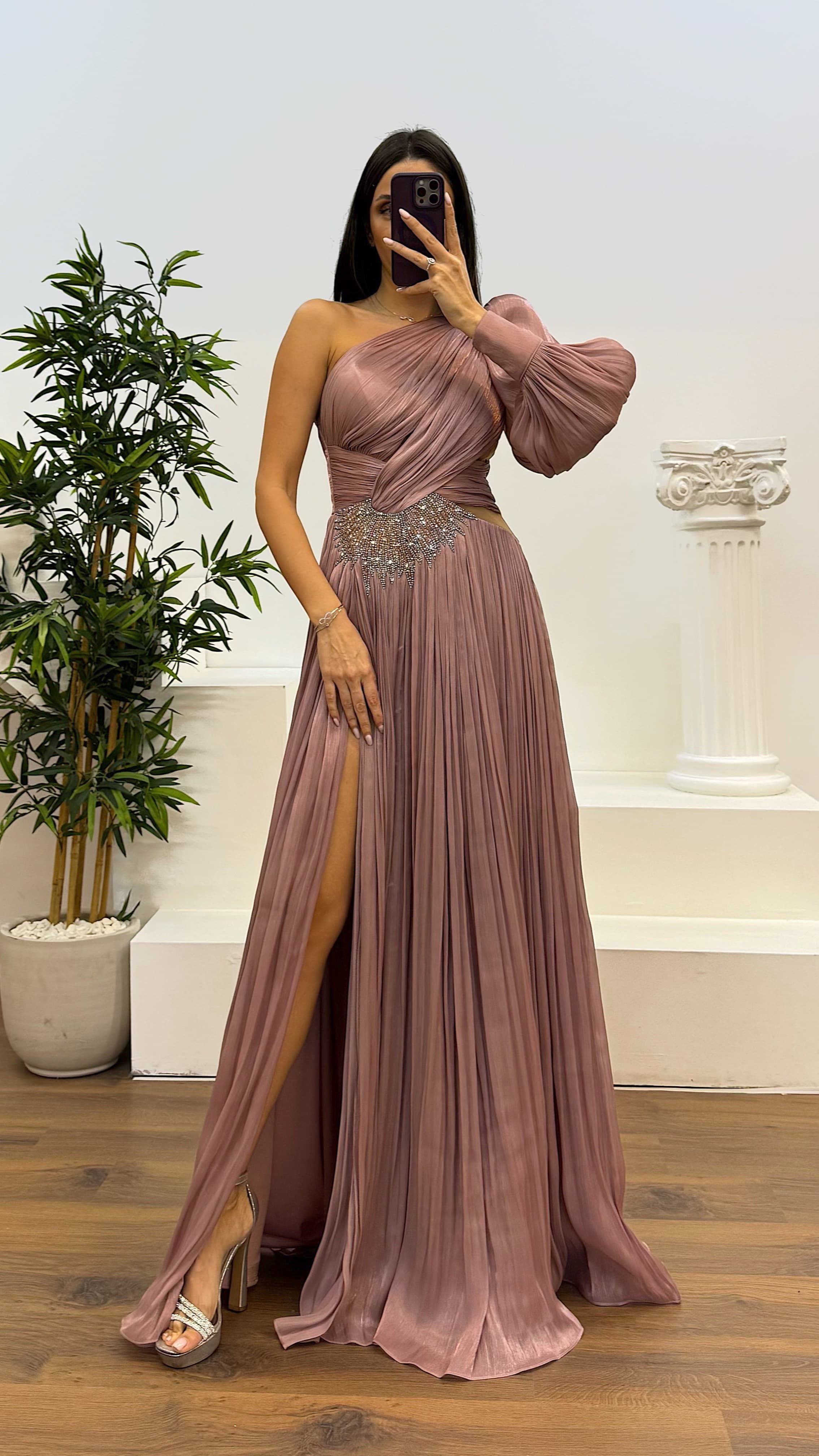 Single Sleeve Pleated Evening Dress