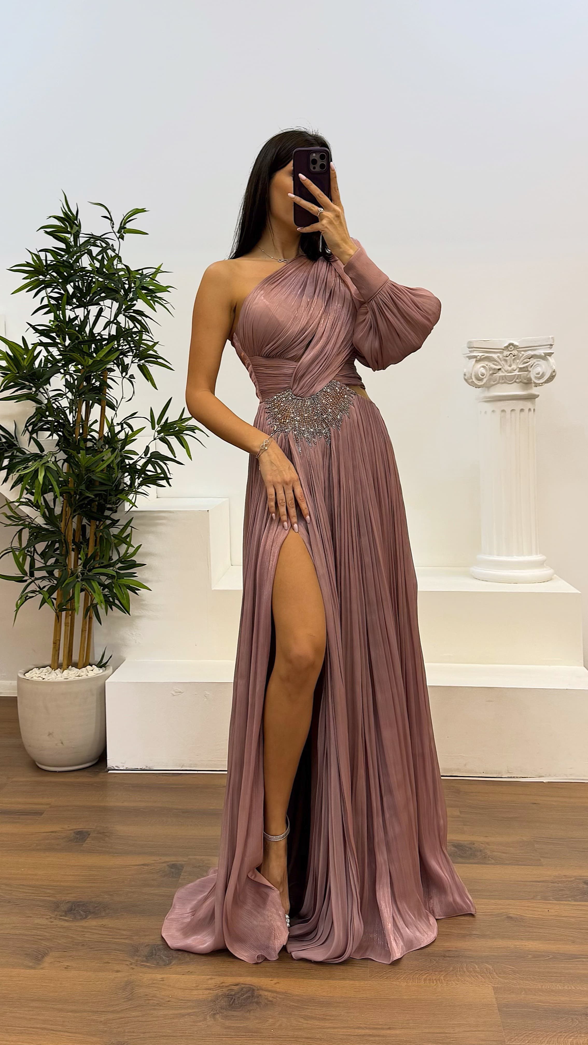 Single Sleeve Pleated Evening Dress