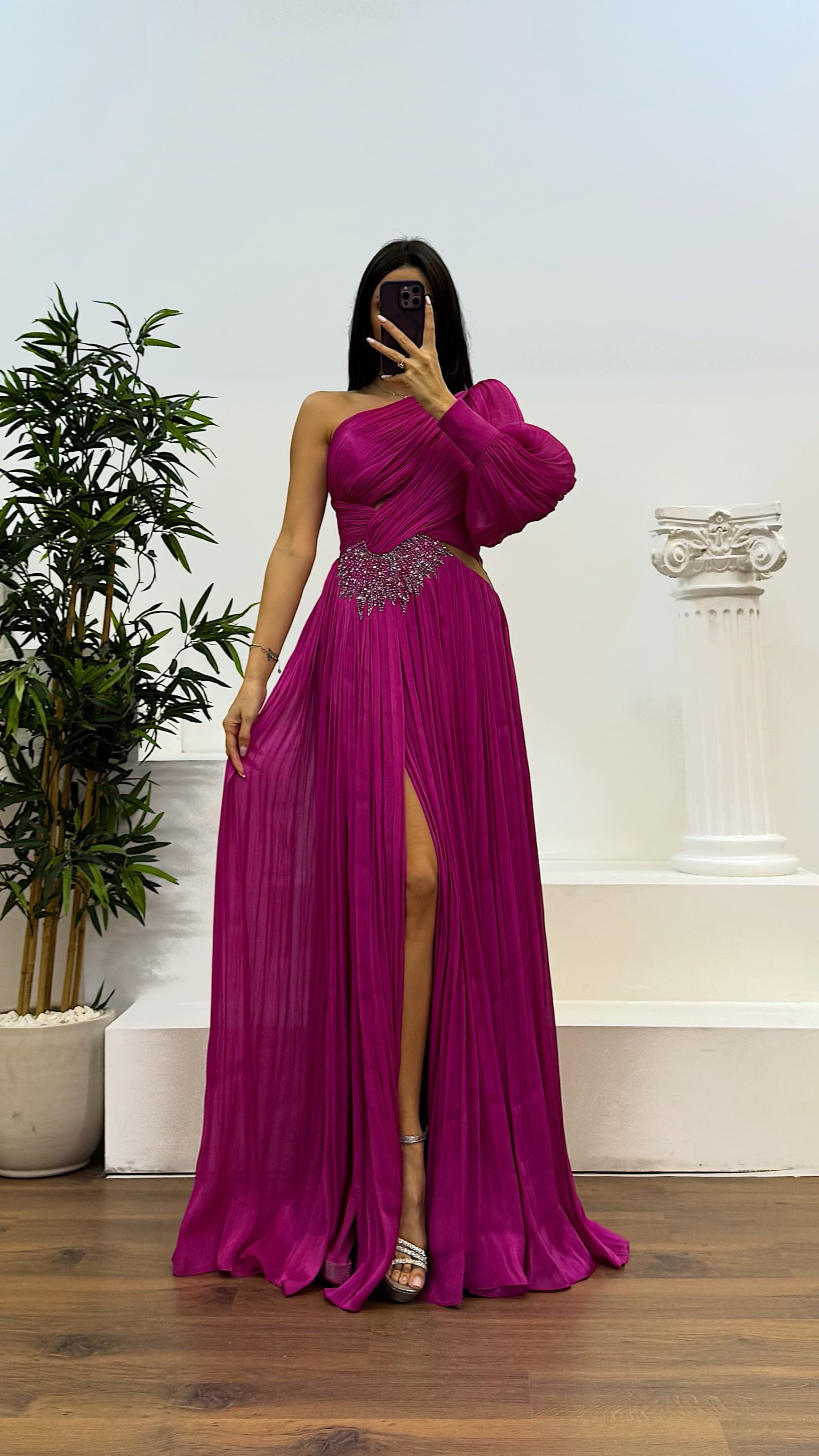 Single Sleeve Pleated Evening Dress