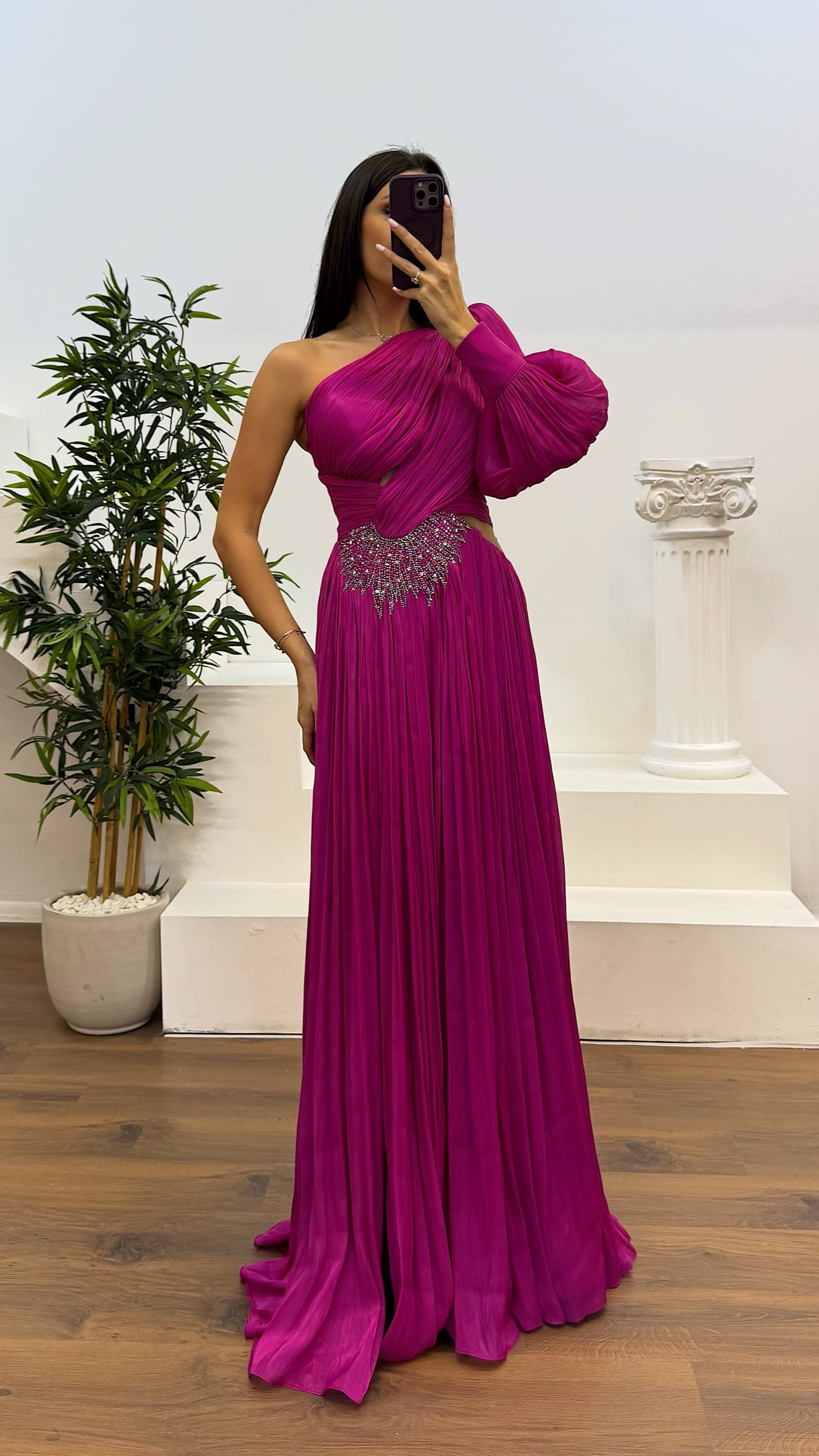 Single Sleeve Pleated Evening Dress