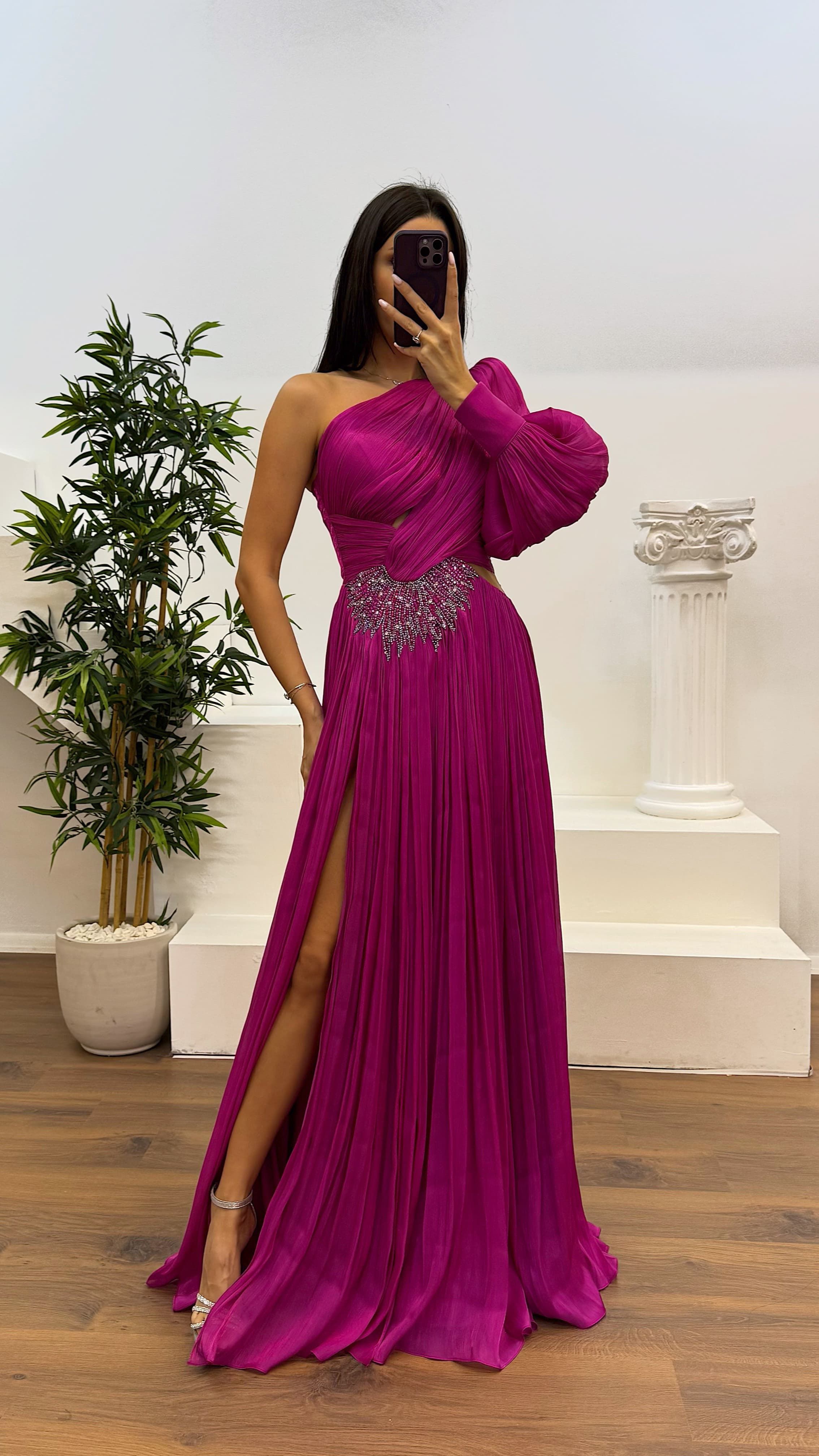 Single Sleeve Pleated Evening Dress