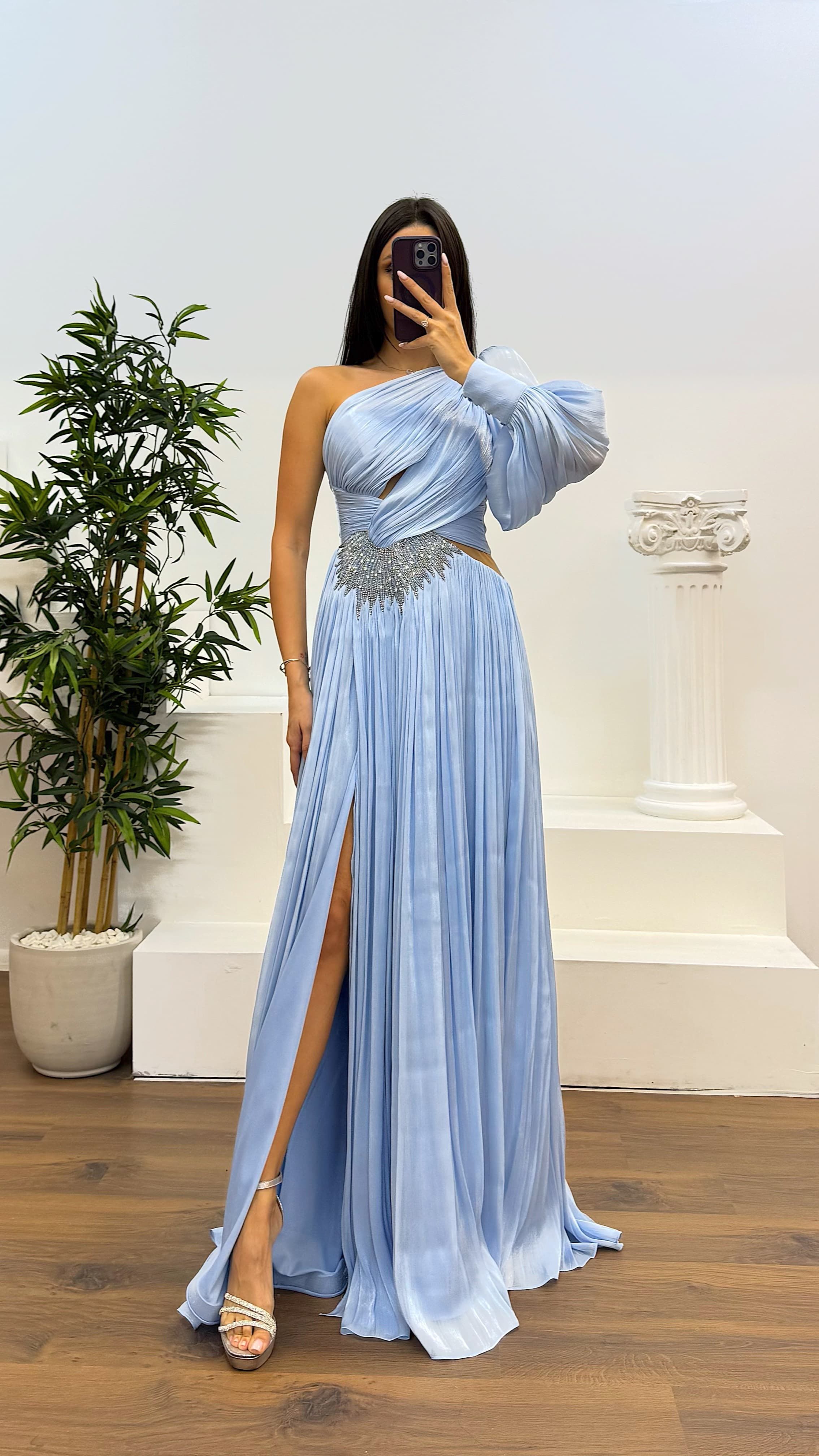 Single Sleeve Pleated Evening Dress
