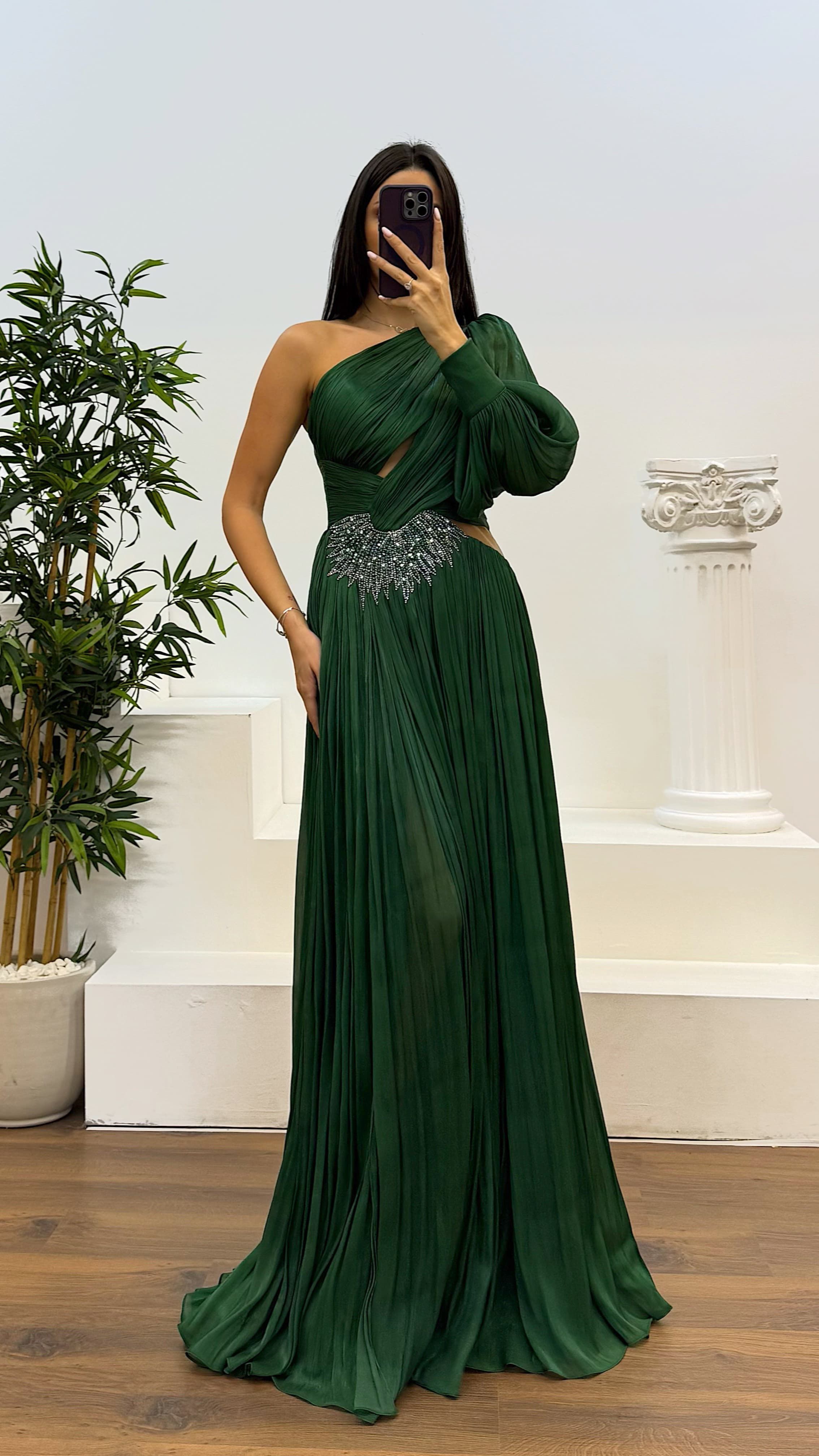 Single Sleeve Pleated Evening Dress