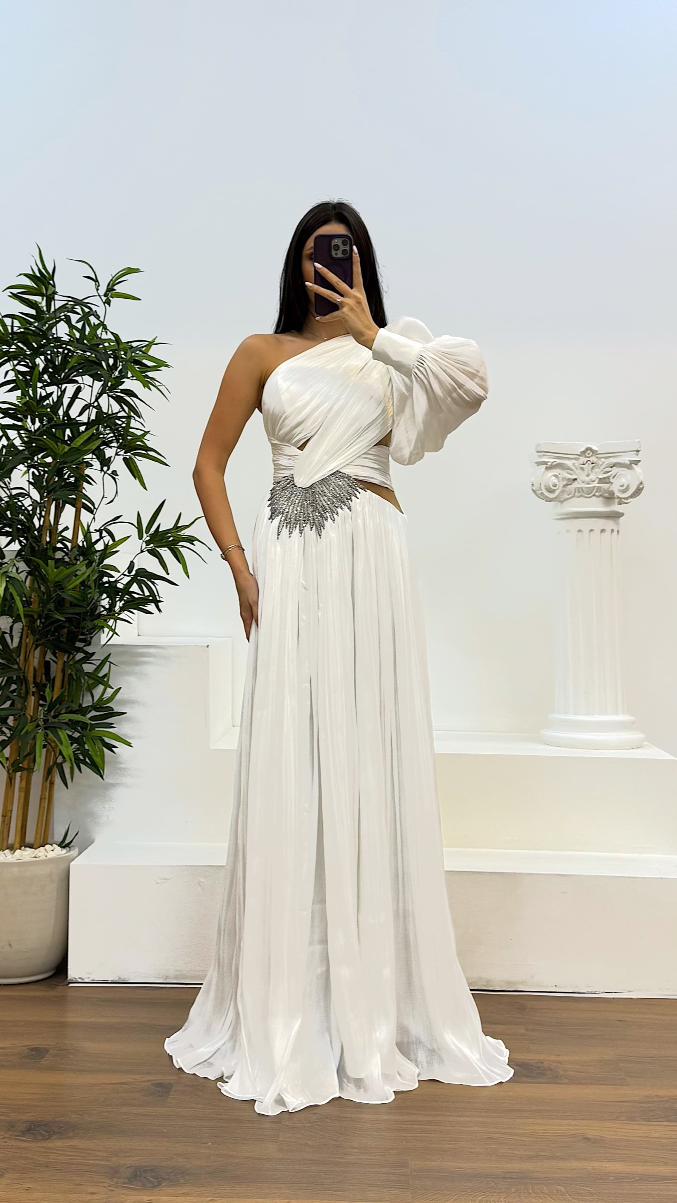 Single Sleeve Pleated Evening Dress
