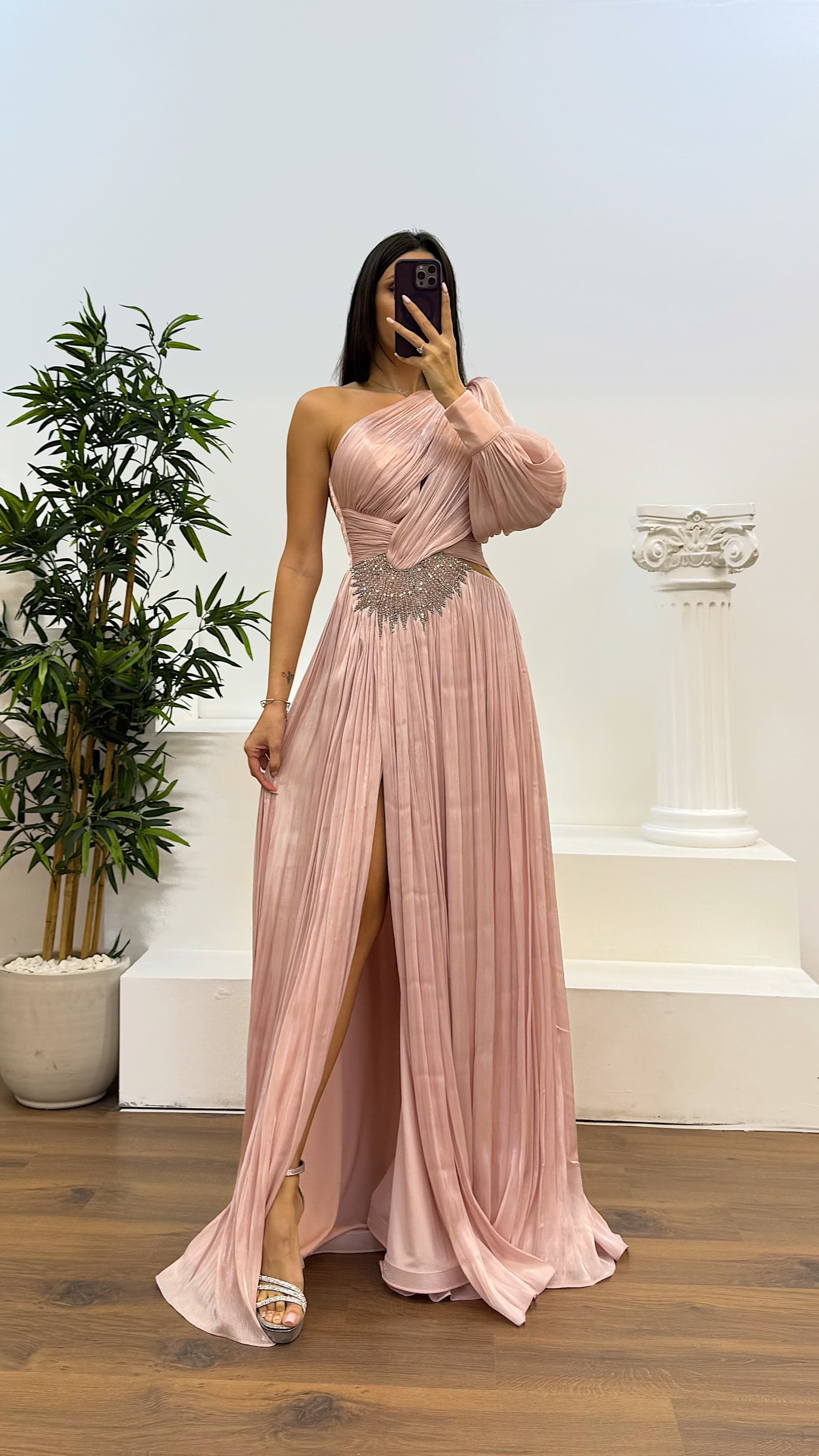 Single Sleeve Pleated Evening Dress