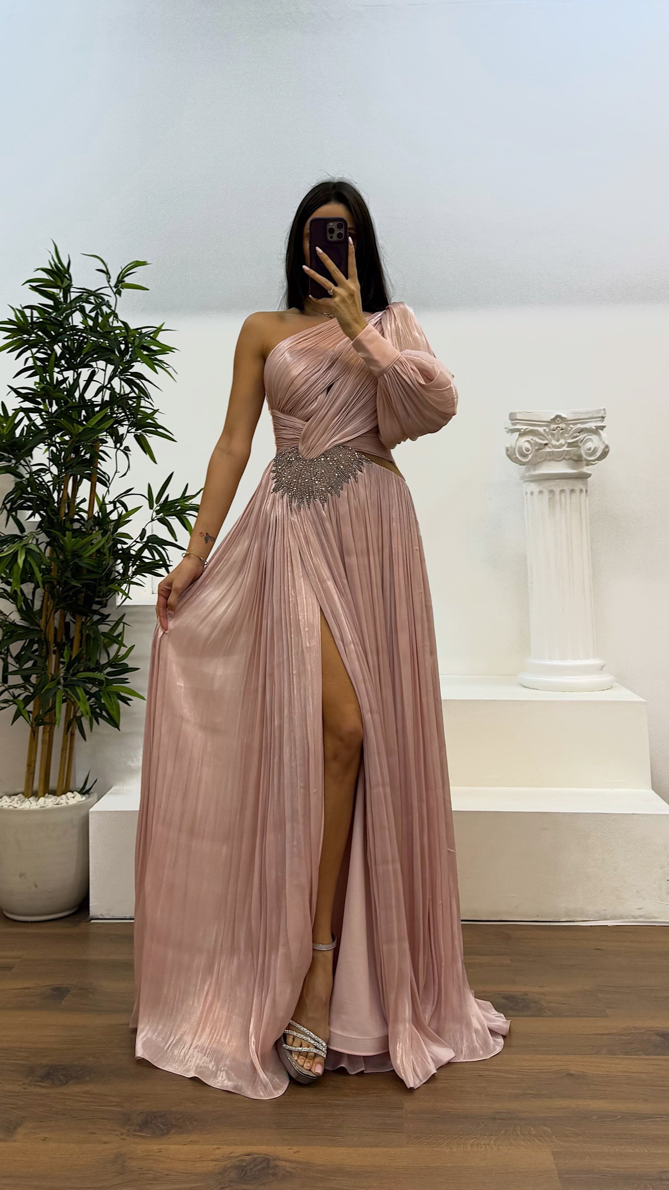 Single Sleeve Pleated Evening Dress
