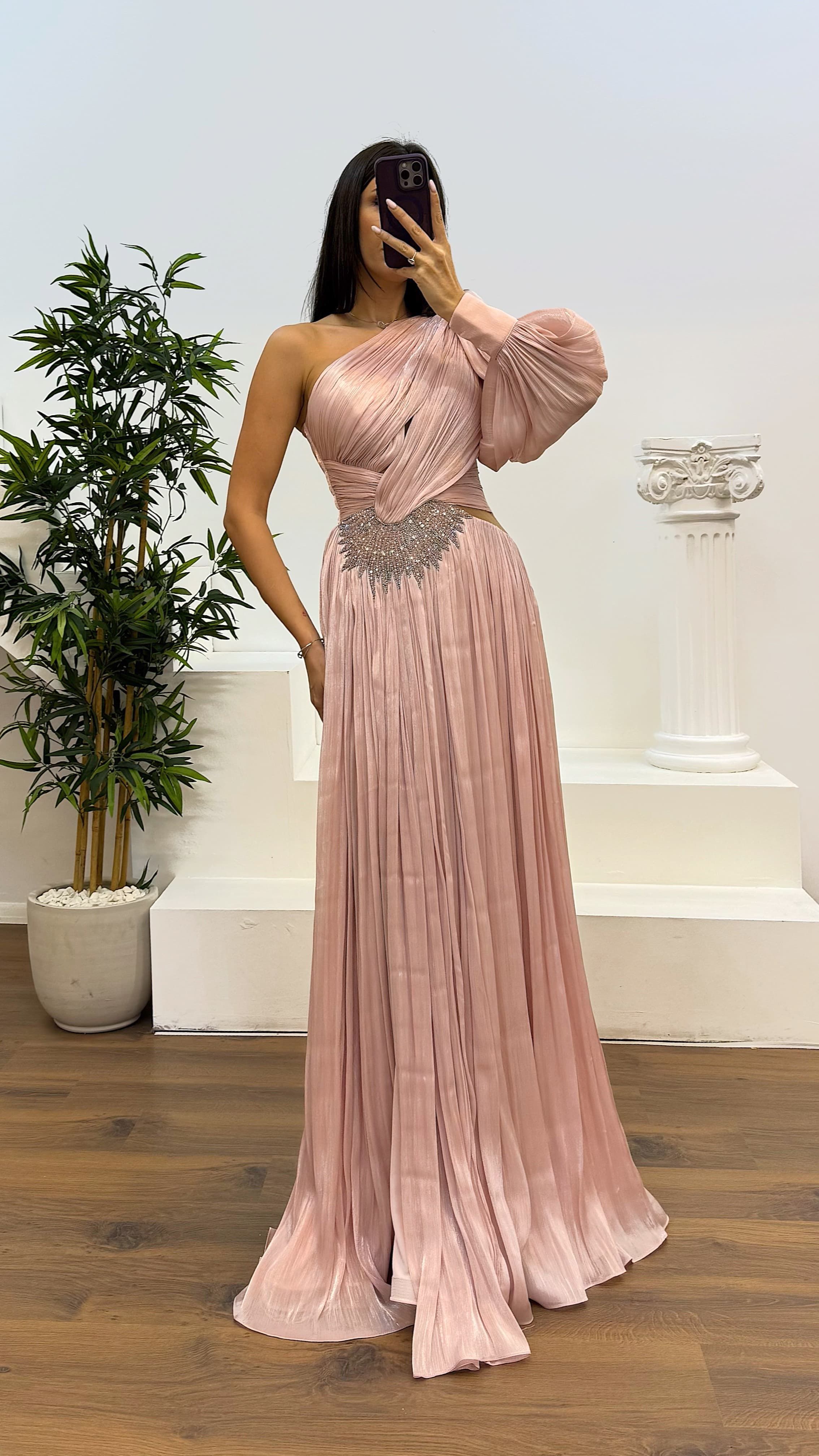 Single Sleeve Pleated Evening Dress