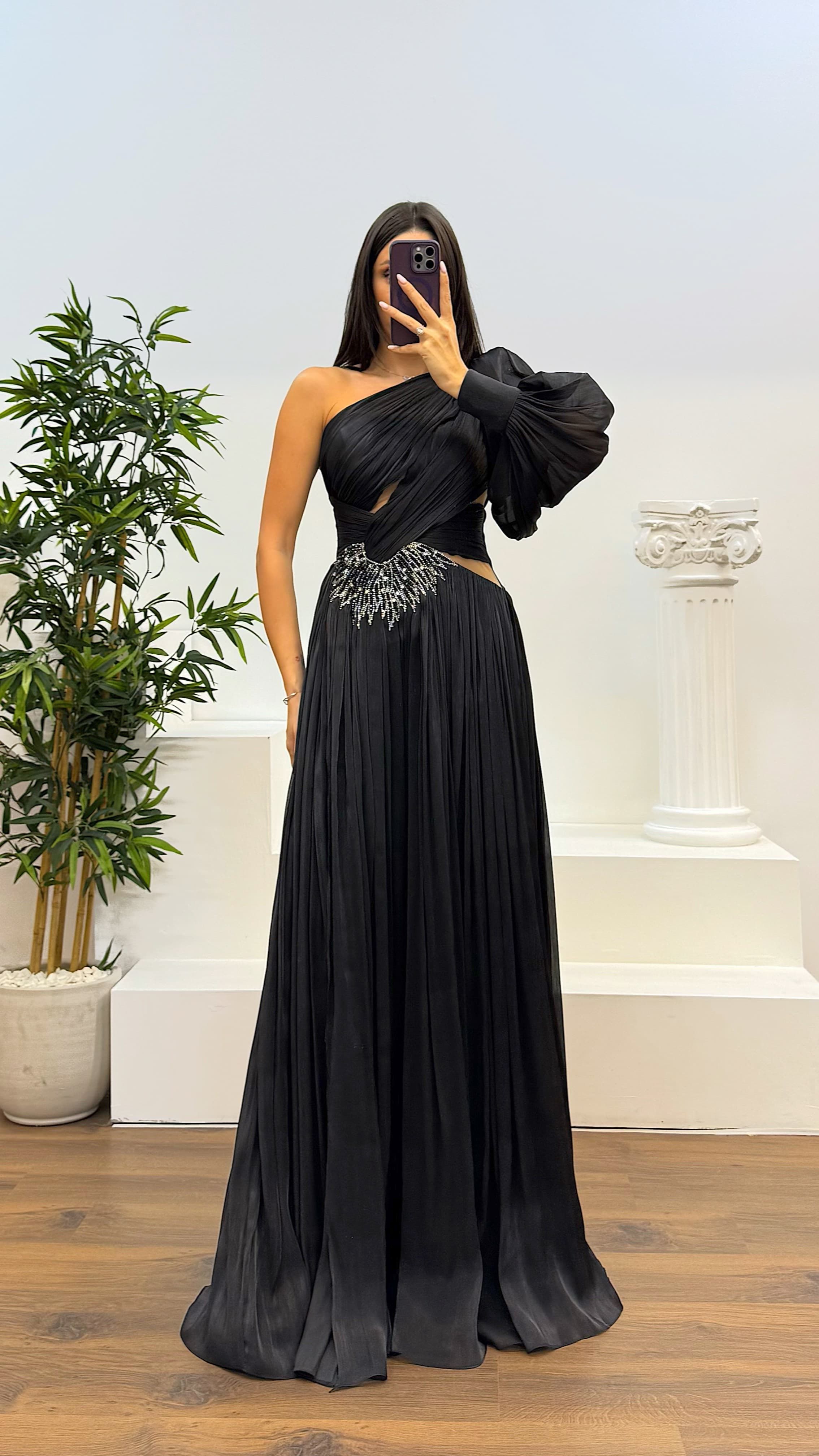 Single Sleeve Pleated Evening Dress