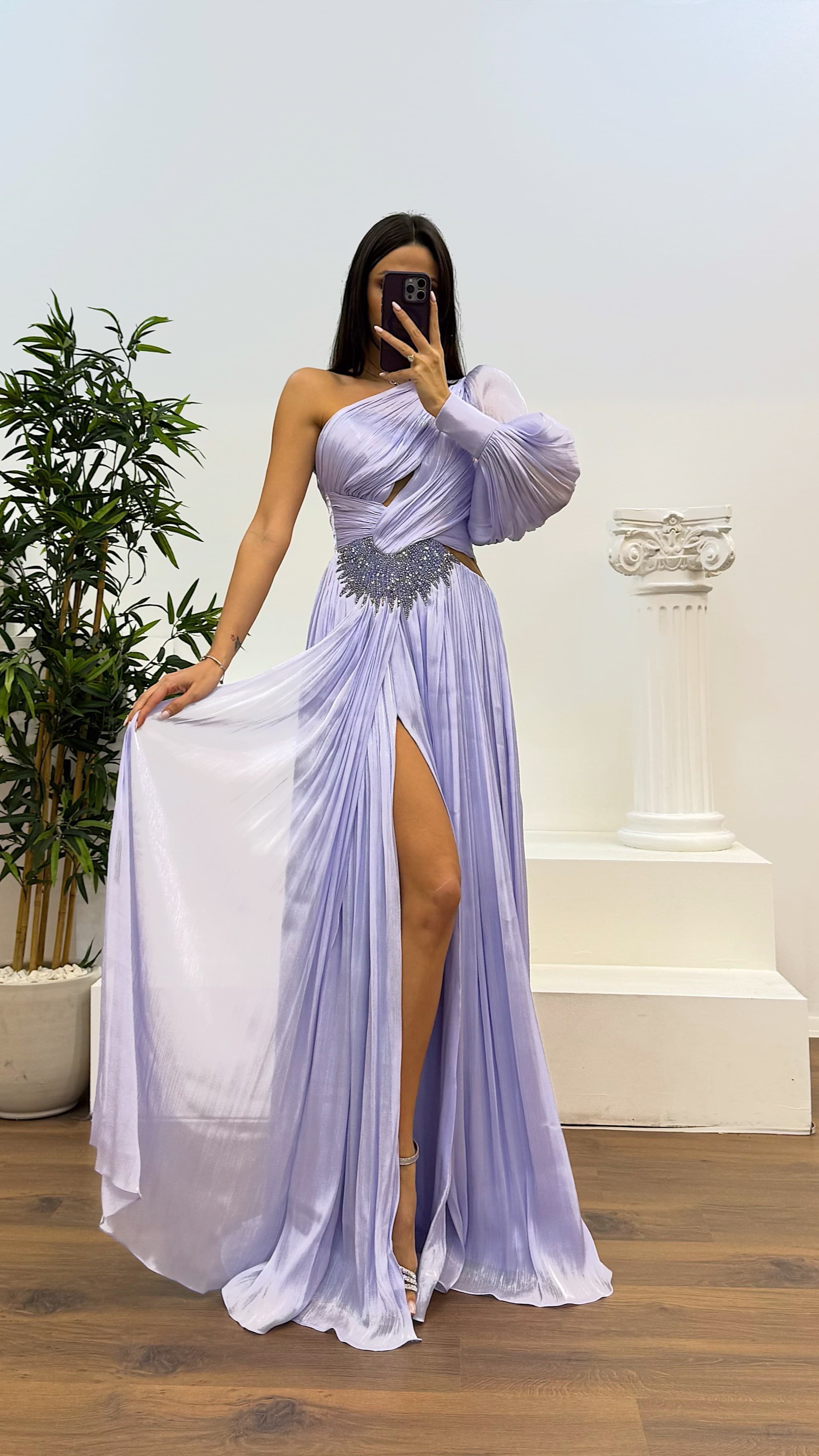 Single Sleeve Pleated Evening Dress