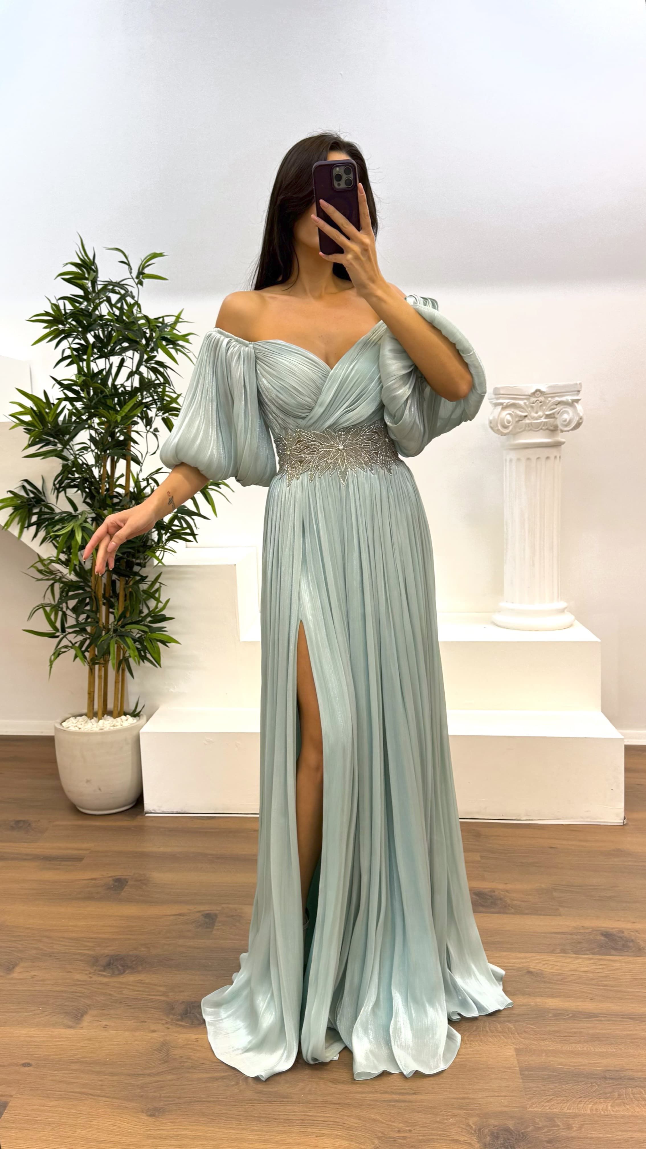 [Copy]Green Asymmetric Cut Waist Bow Evening Dress