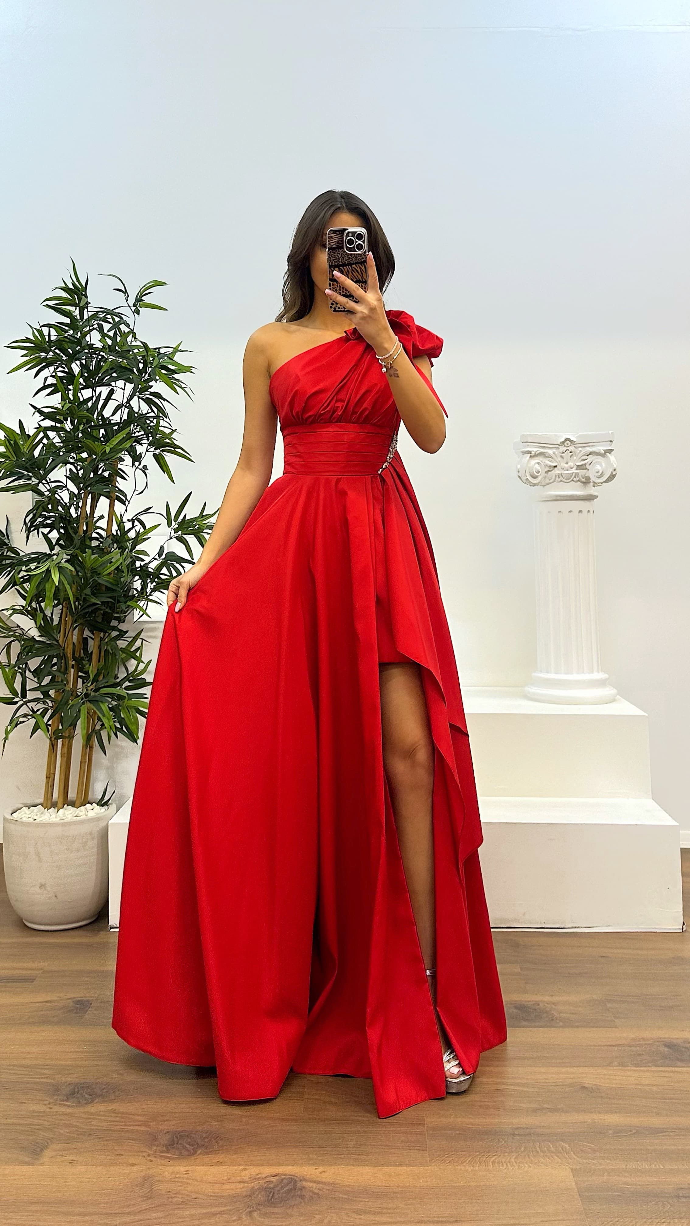 One Shoulder Gathered Satin Evening Dress