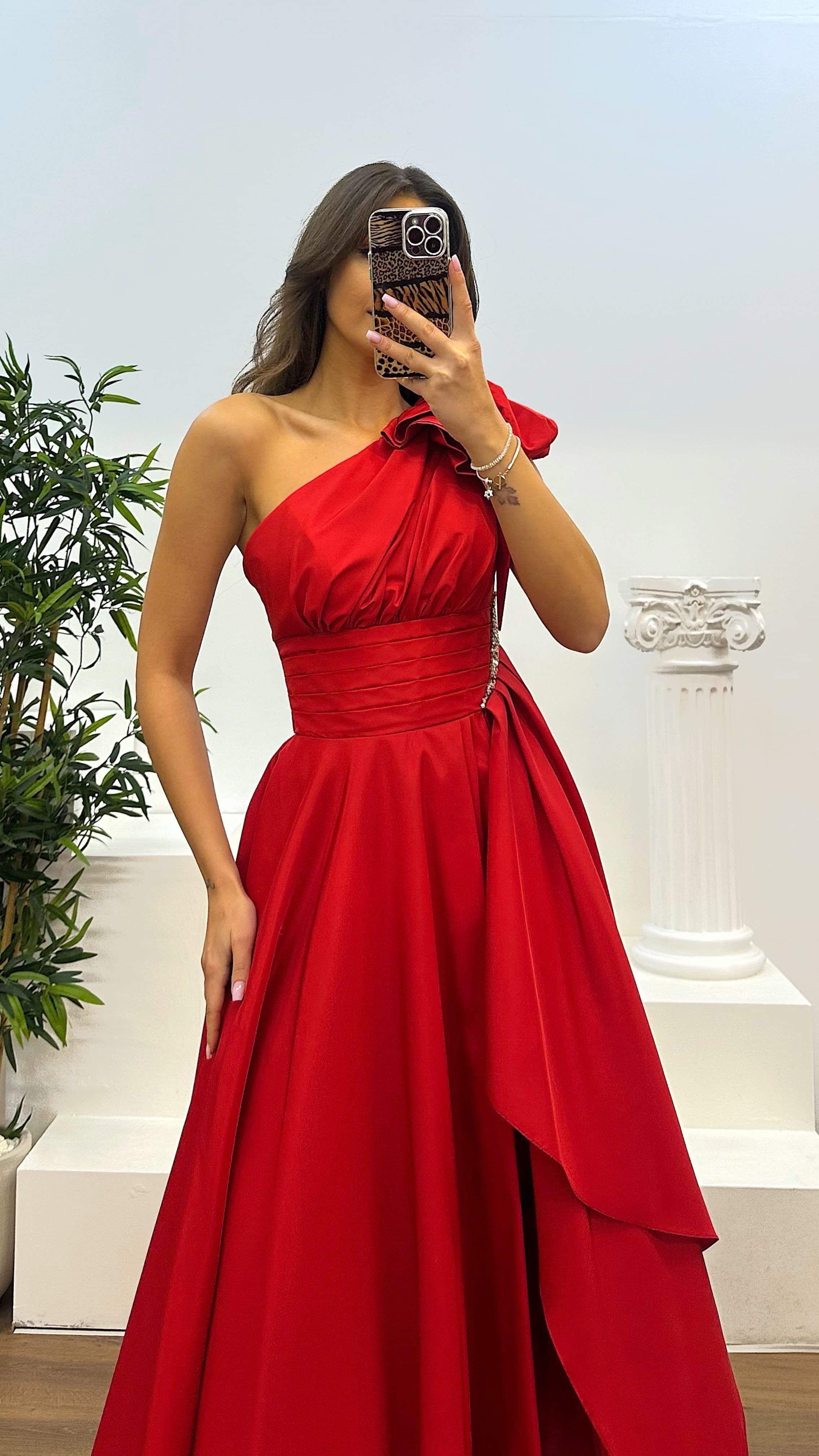 One Shoulder Gathered Satin Evening Dress