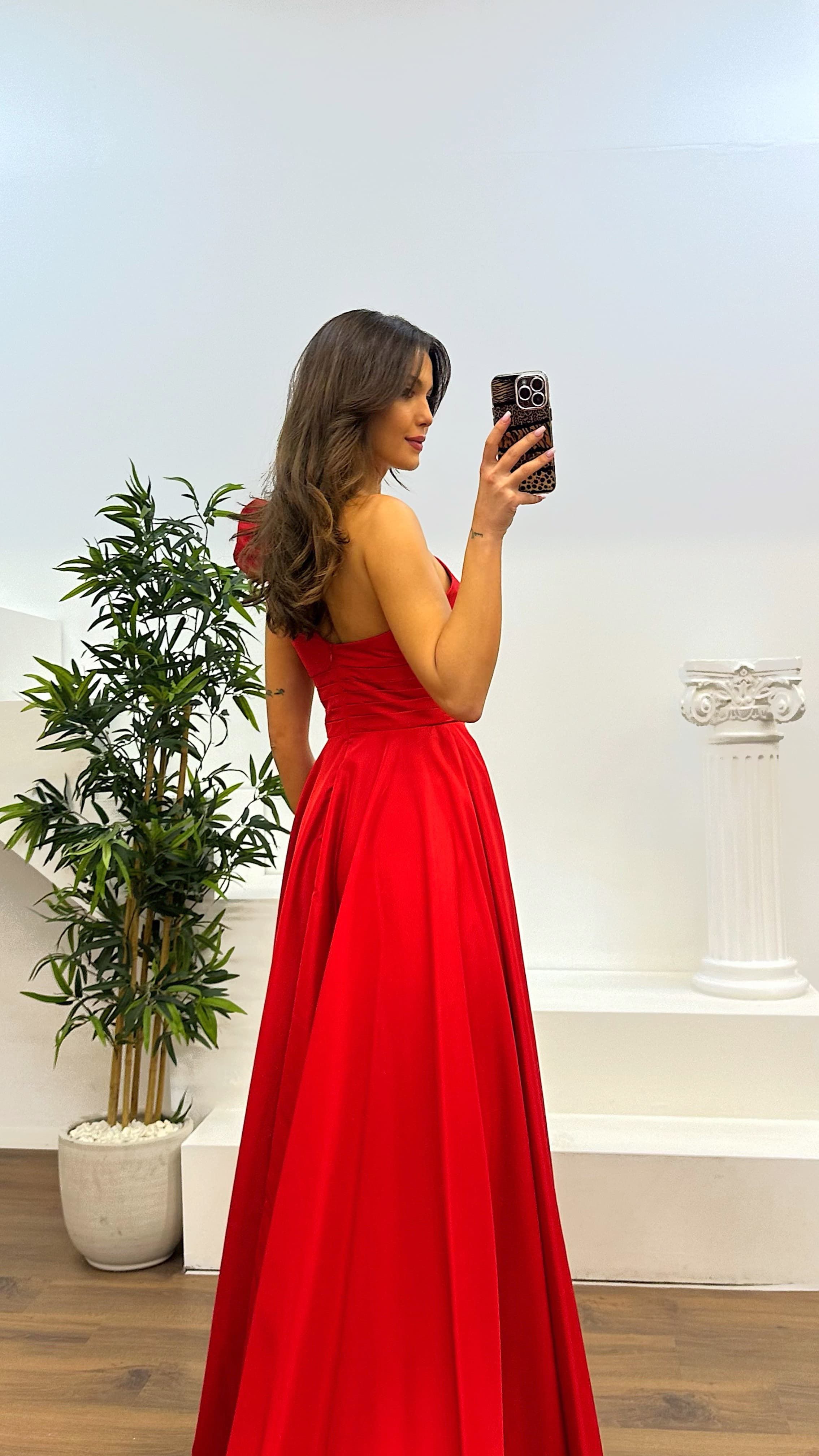 One Shoulder Gathered Satin Evening Dress