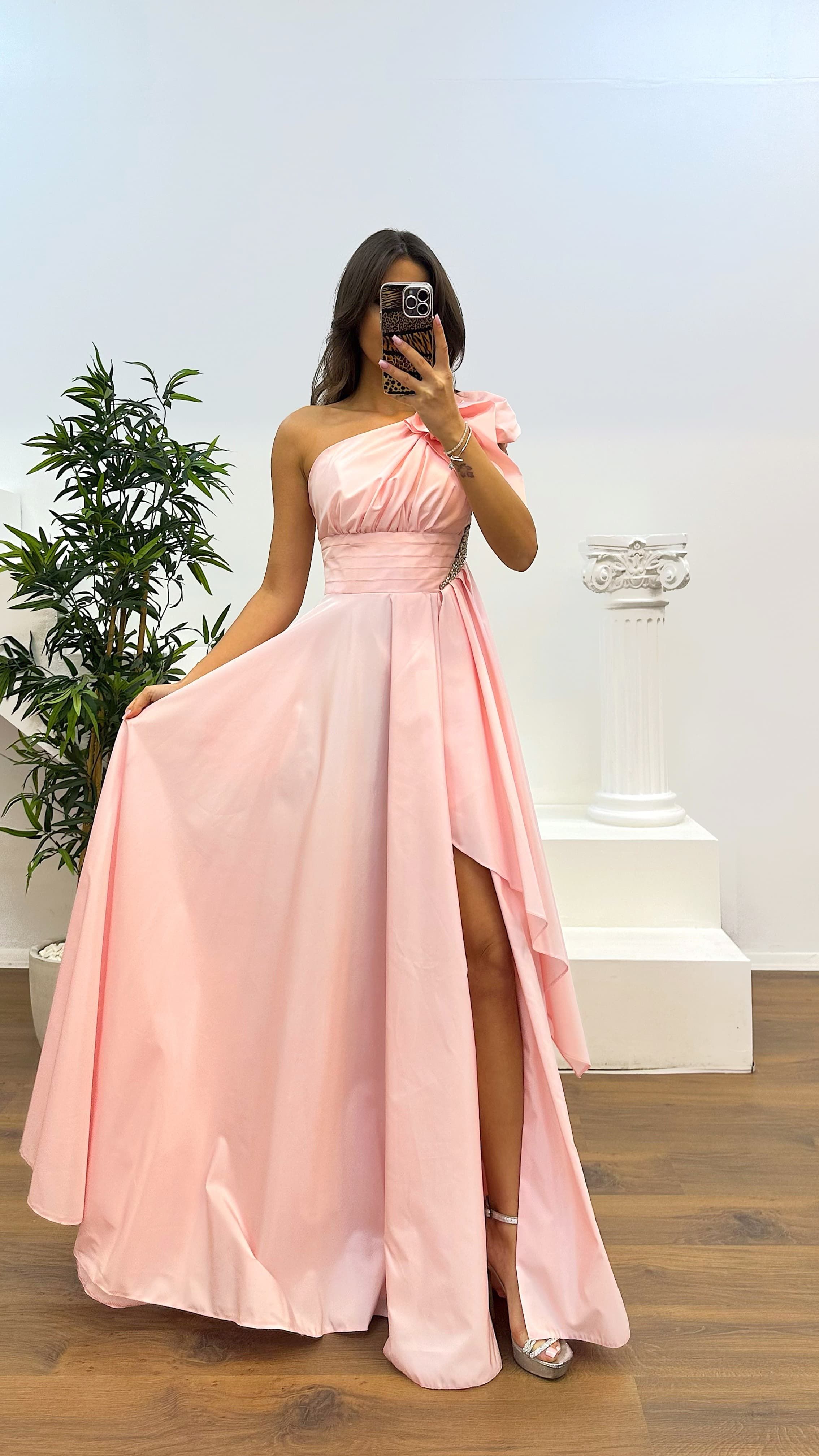 One Shoulder Gathered Satin Evening Dress