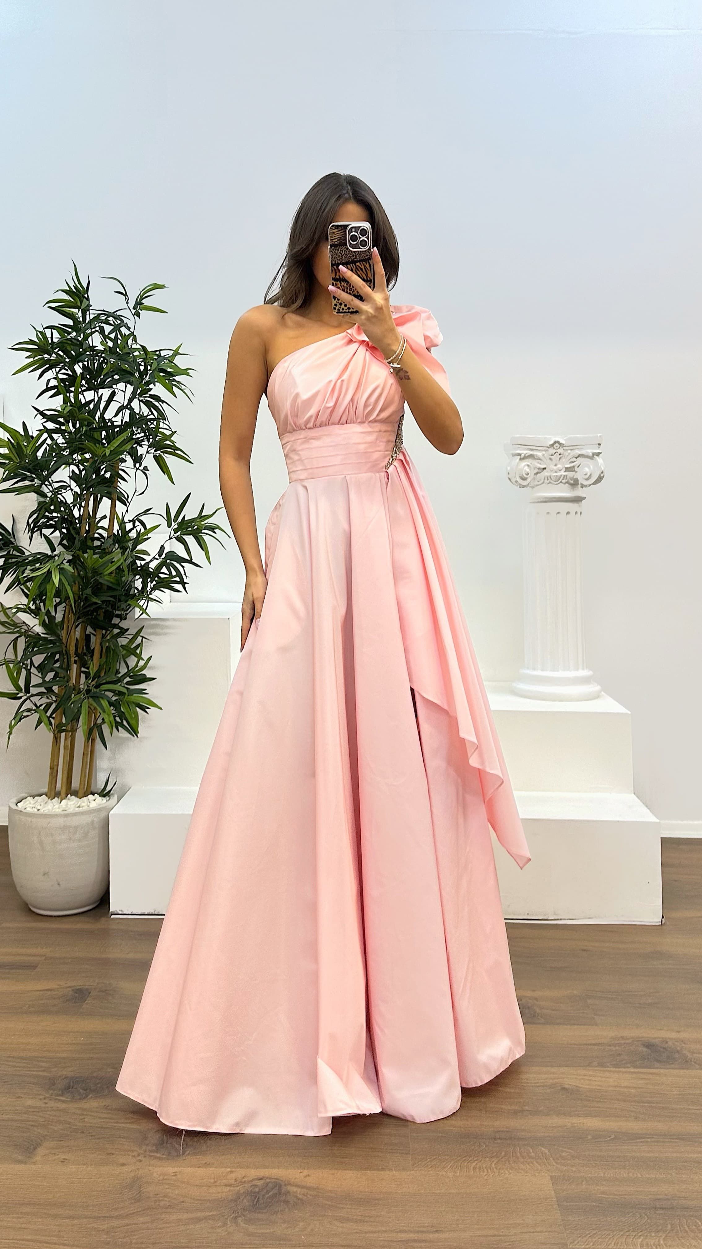 One Shoulder Gathered Satin Evening Dress