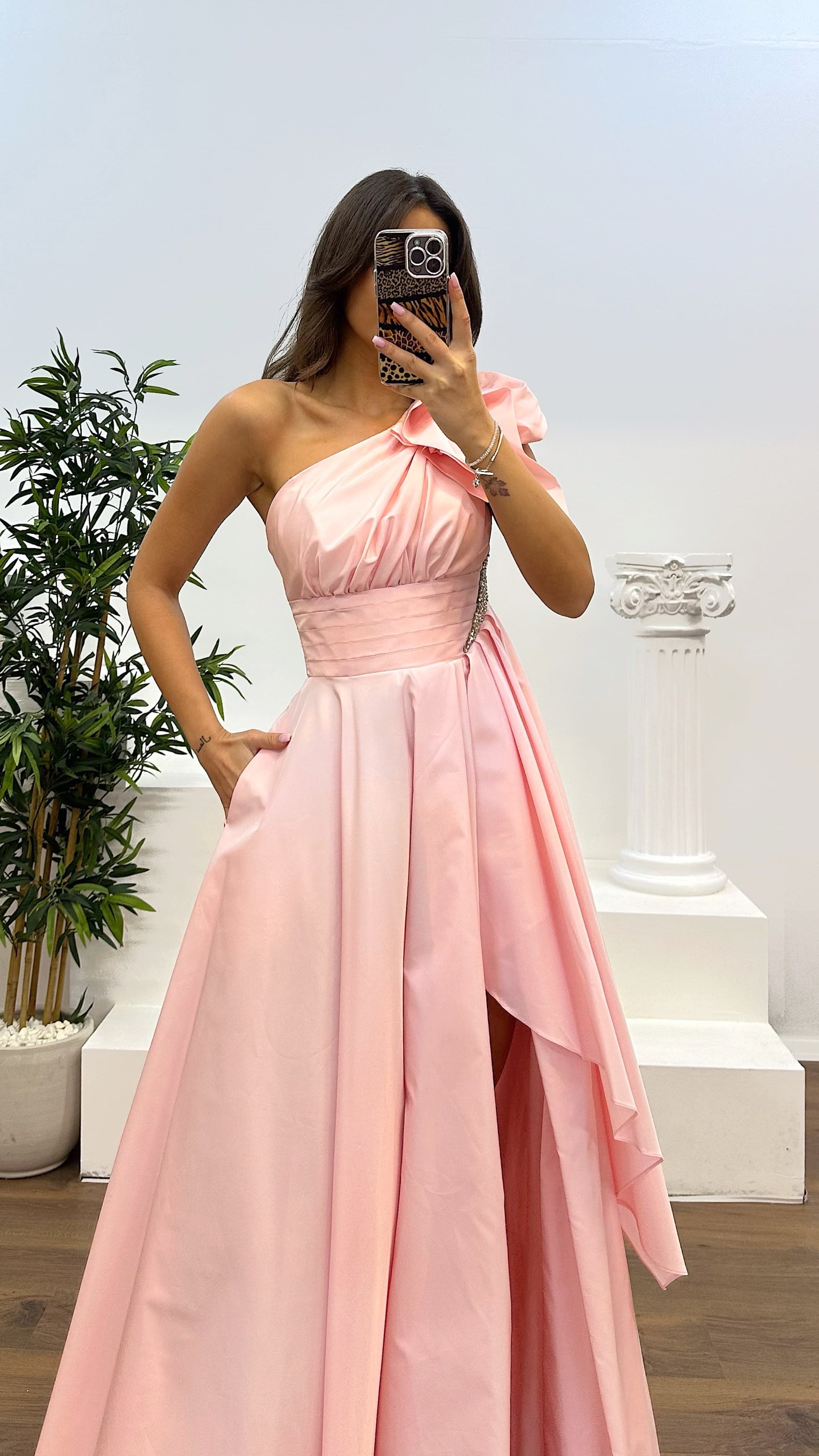 One Shoulder Gathered Satin Evening Dress