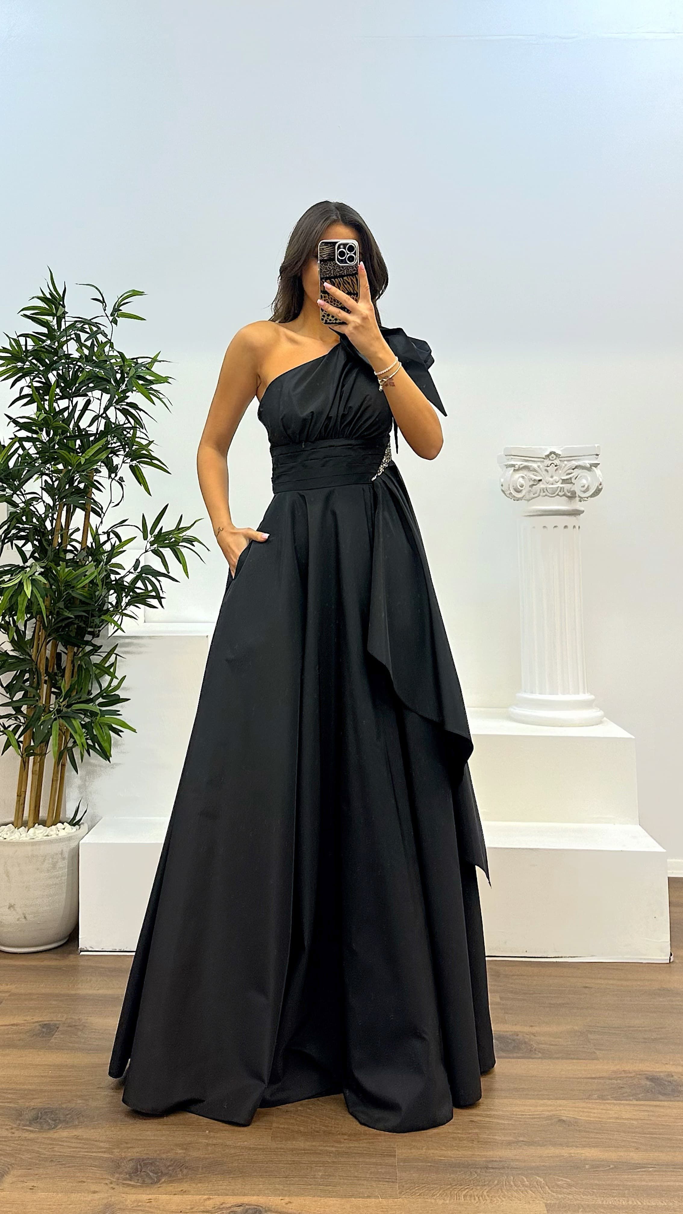 One Shoulder Gathered Satin Evening Dress