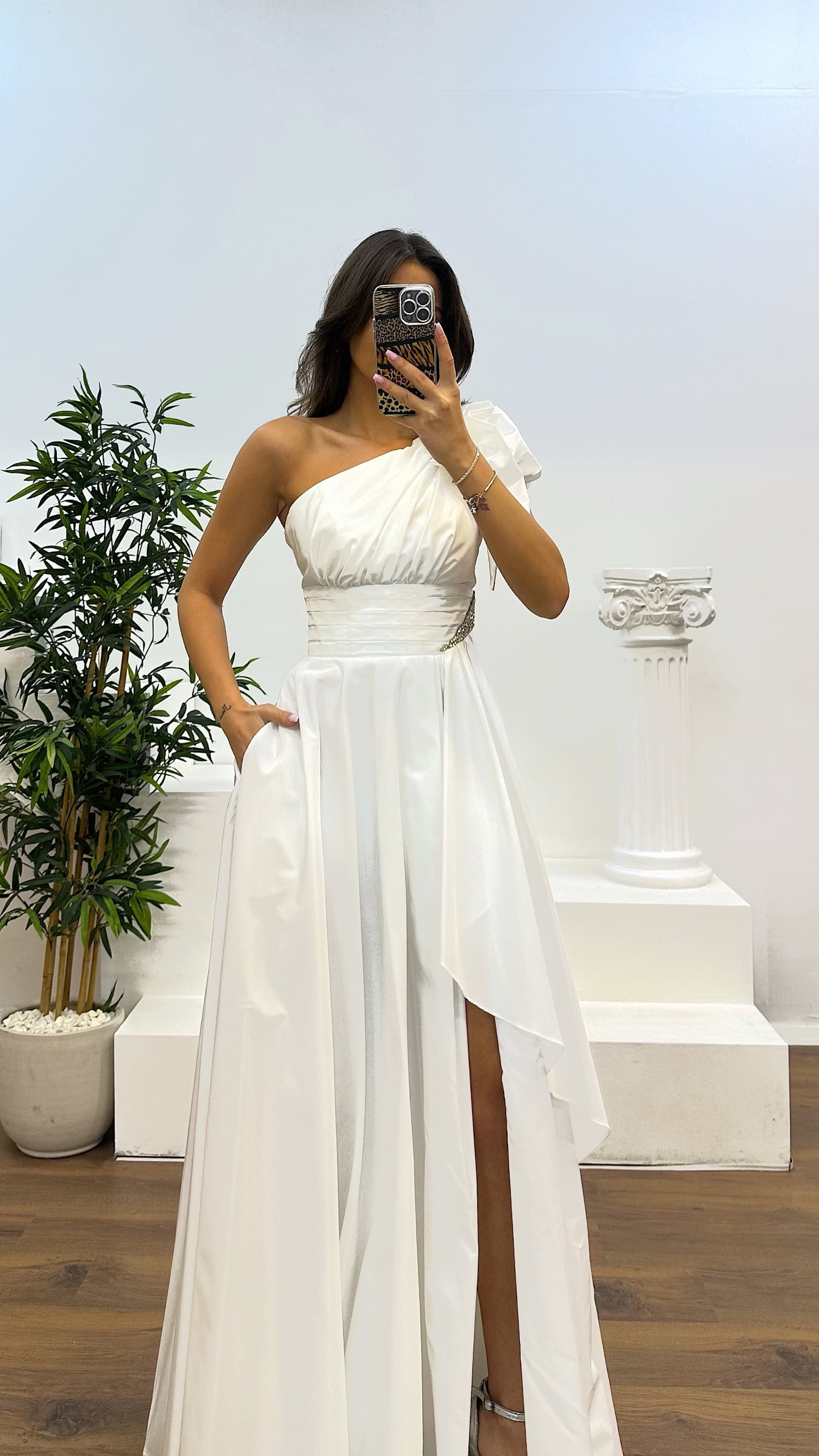 One Shoulder Gathered Satin Evening Dress