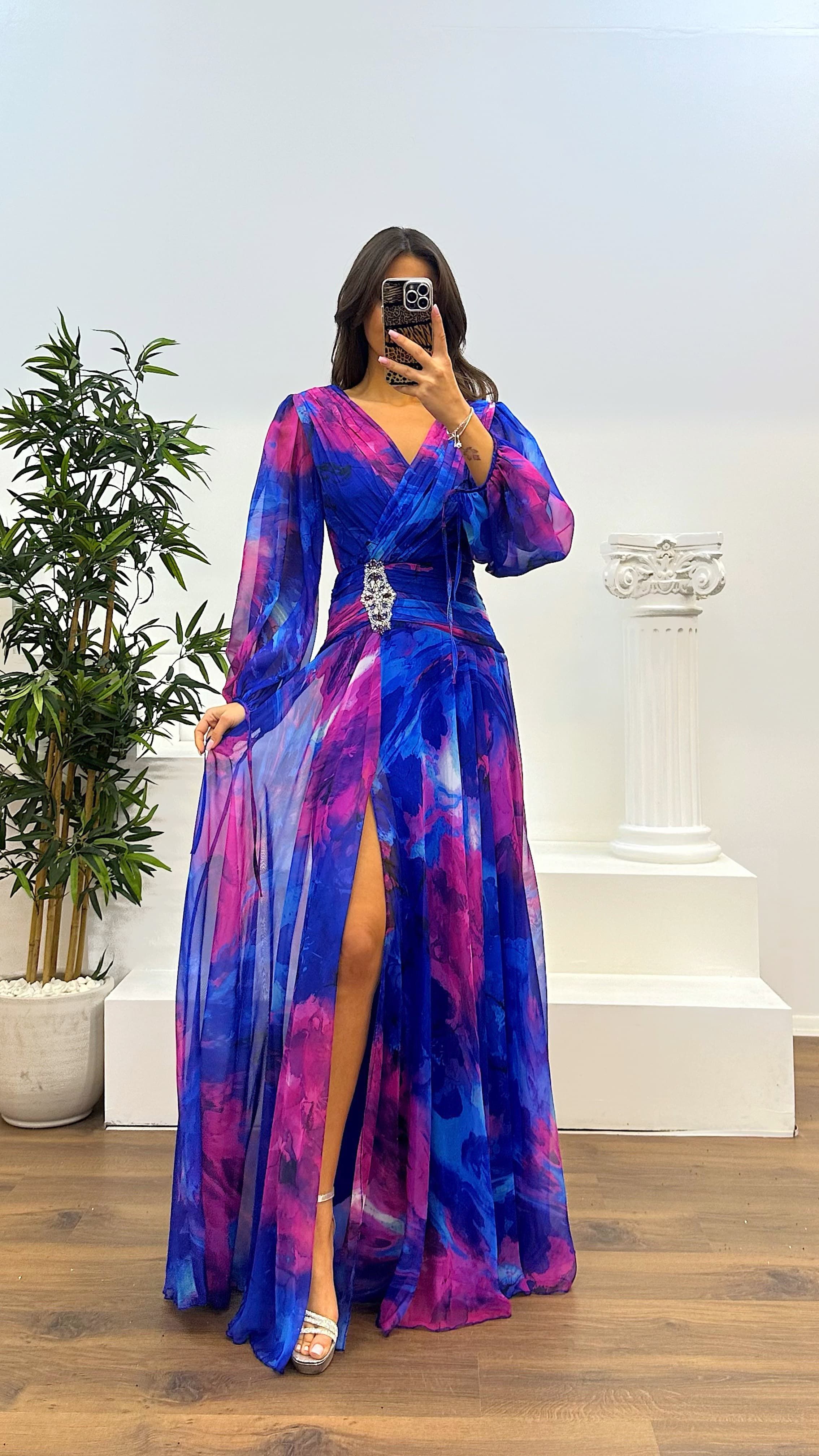BALLOON SLEEVE WAIST DETAIL PATTERNED CHIFFON DRESS