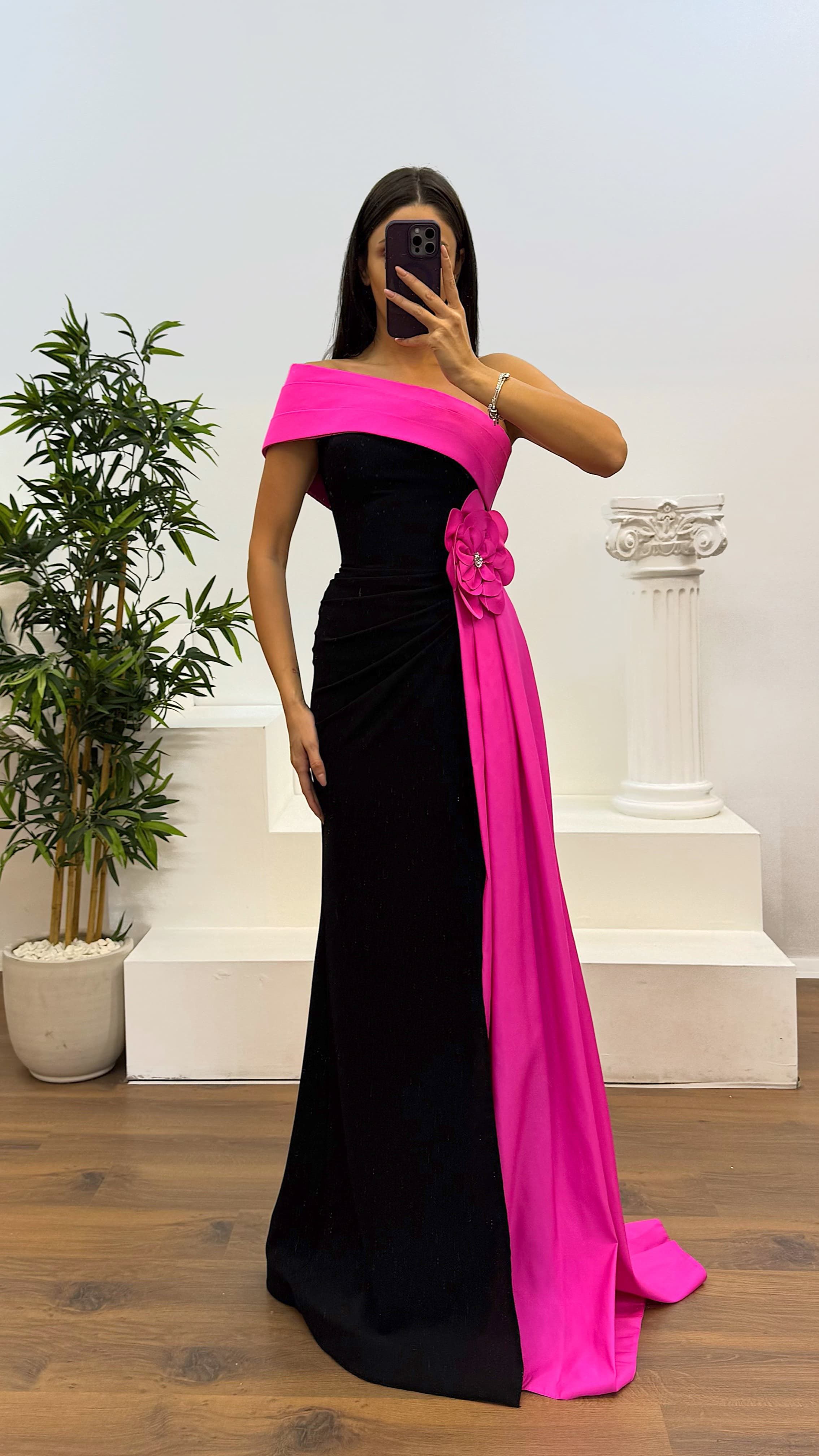 White Floral Detail Evening Dress