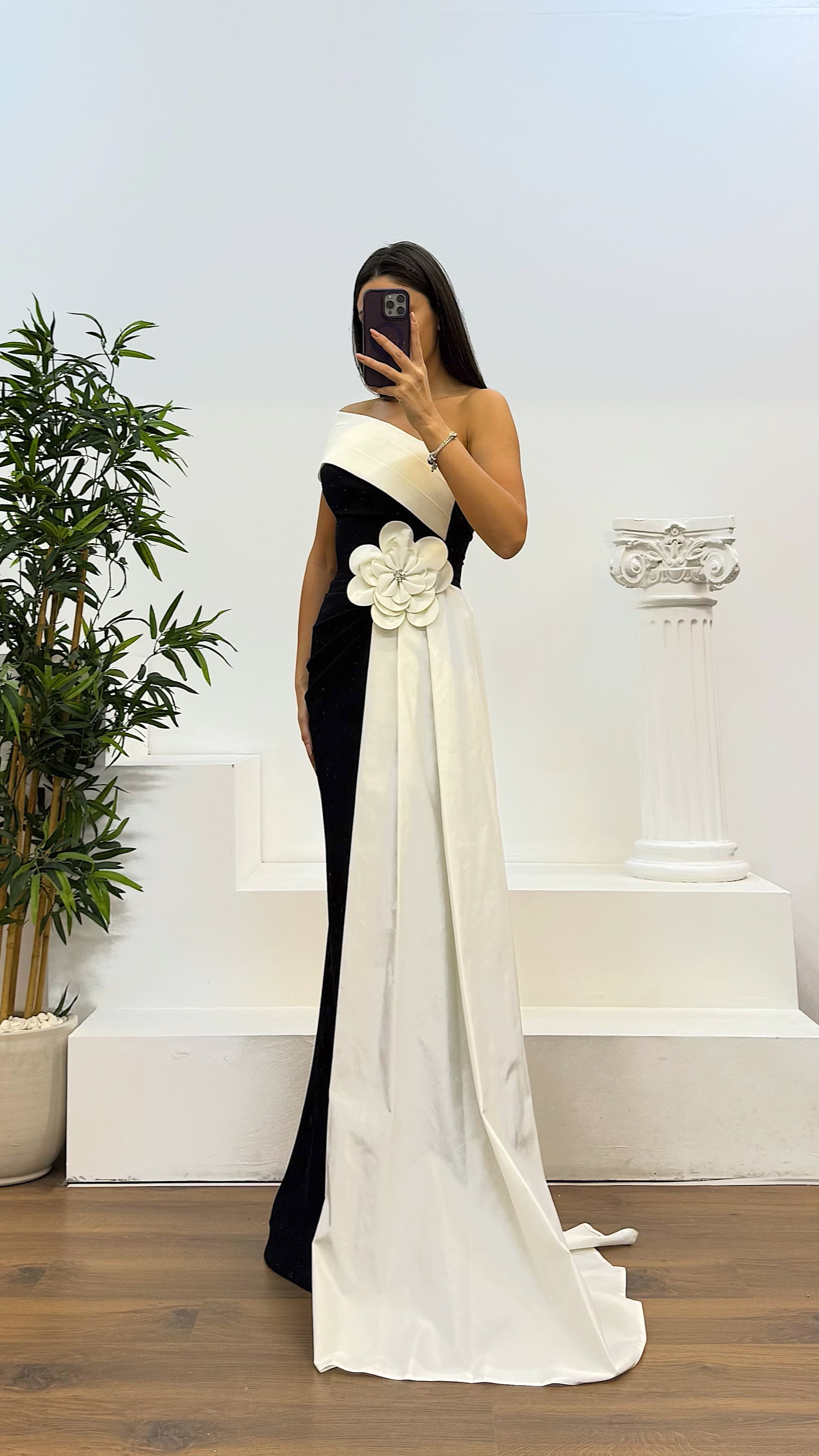 White Floral Detail Evening Dress