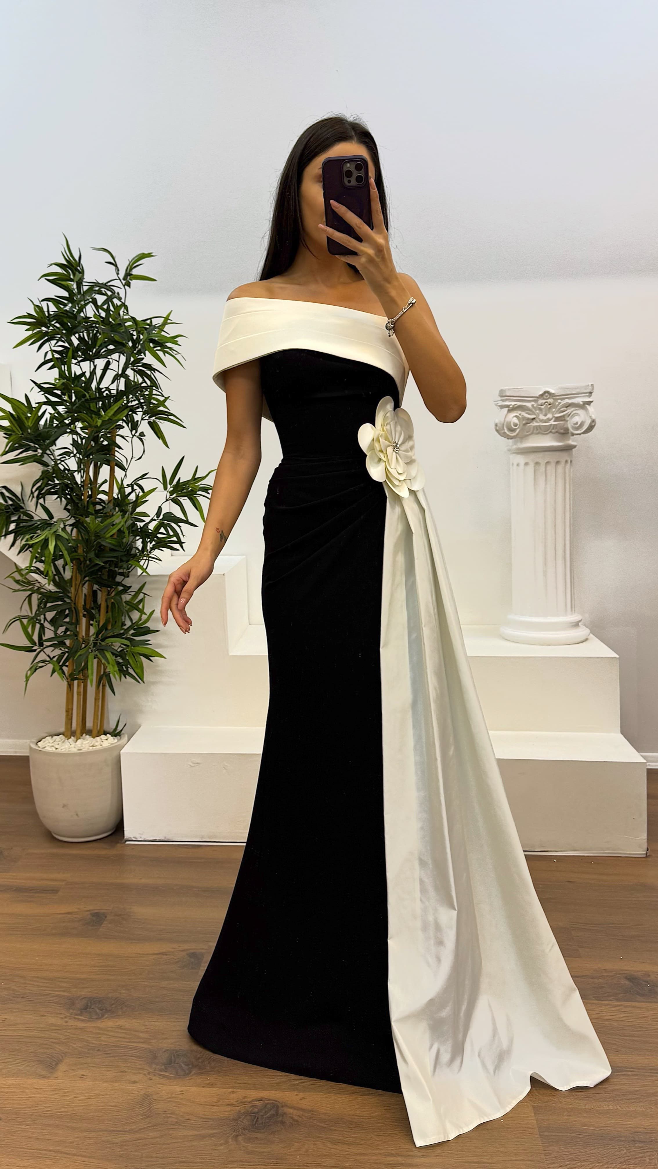 White Floral Detail Evening Dress