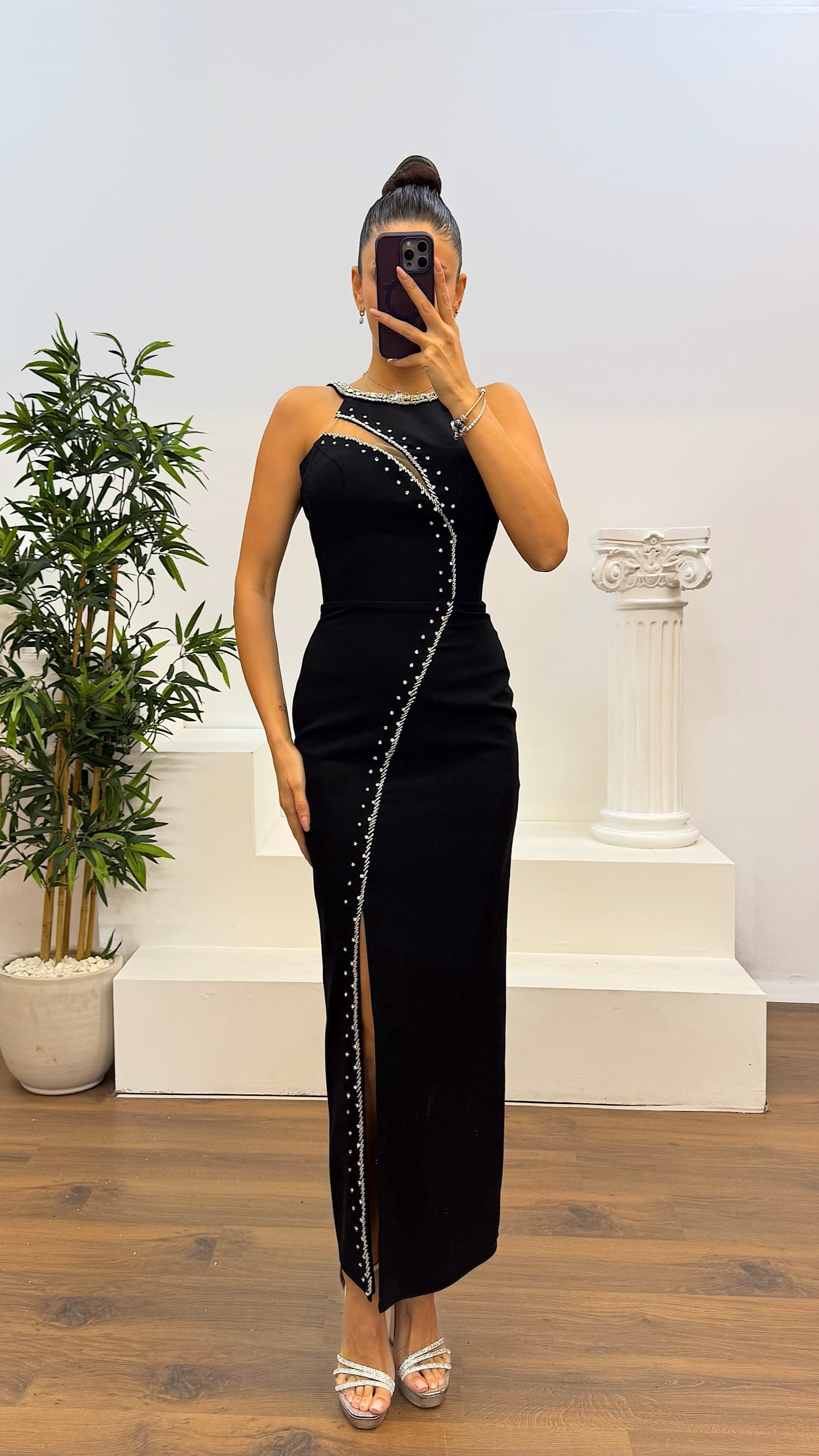 Halter Neckline Stone Detail Evening Dress