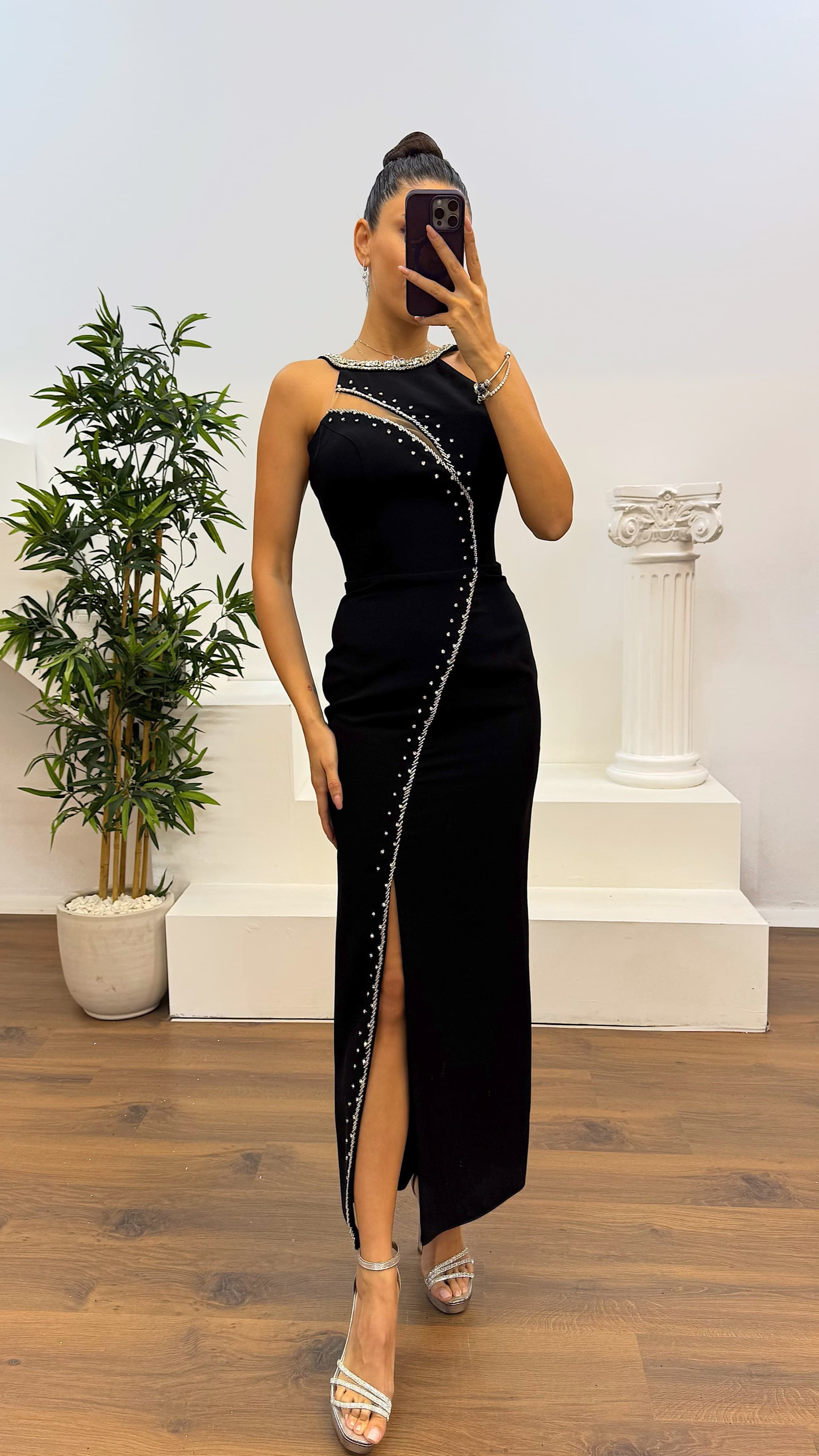 Halter Neckline Stone Detail Evening Dress