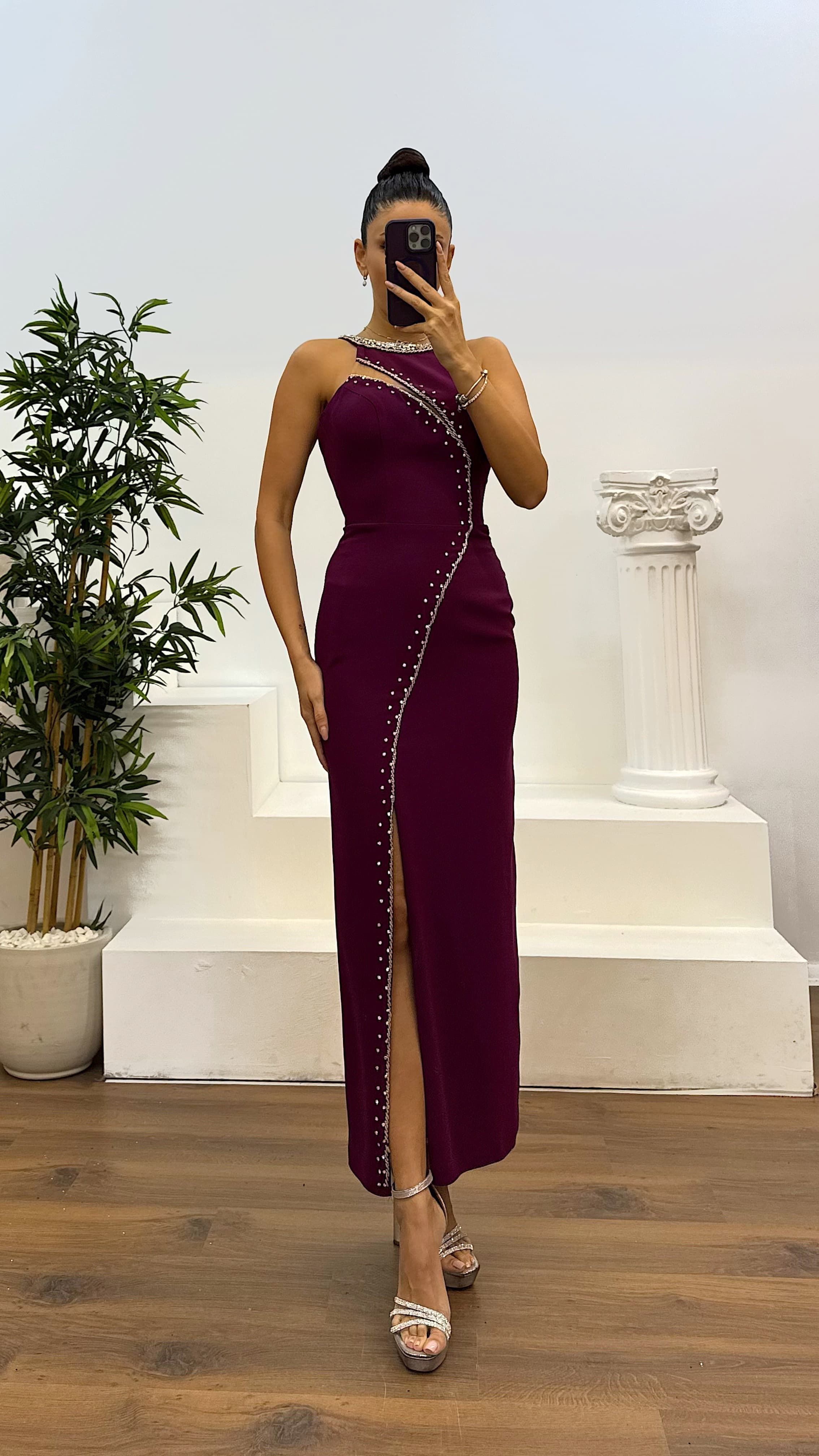 Halter Neckline Stone Detail Evening Dress