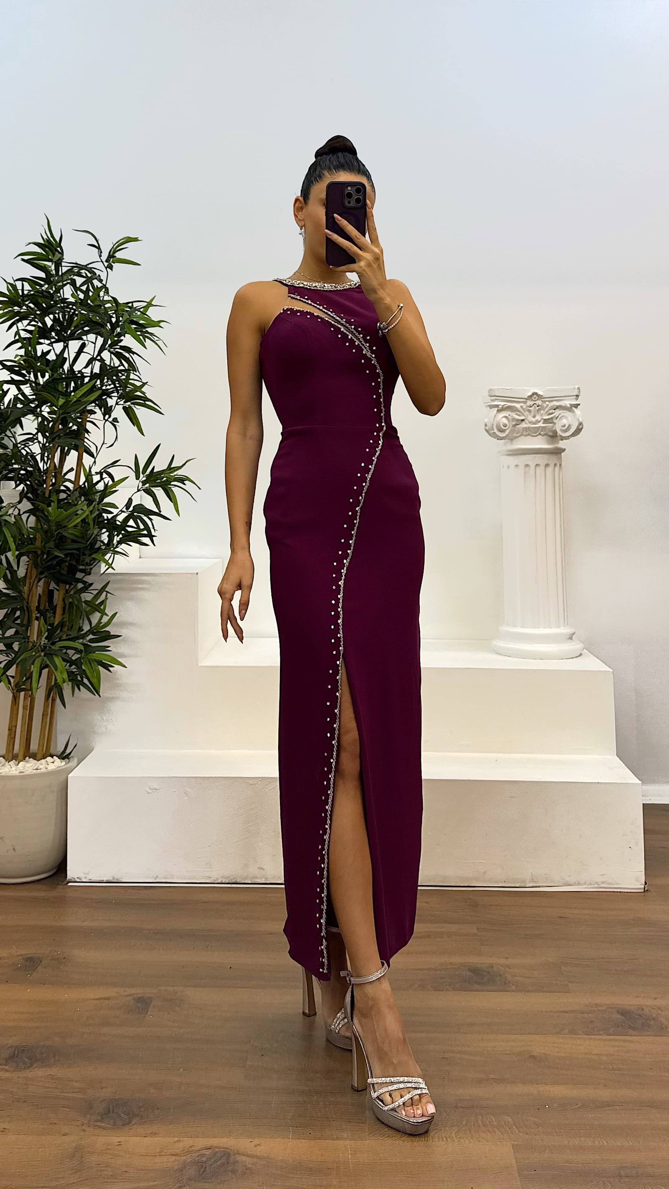 Halter Neckline Stone Detail Evening Dress