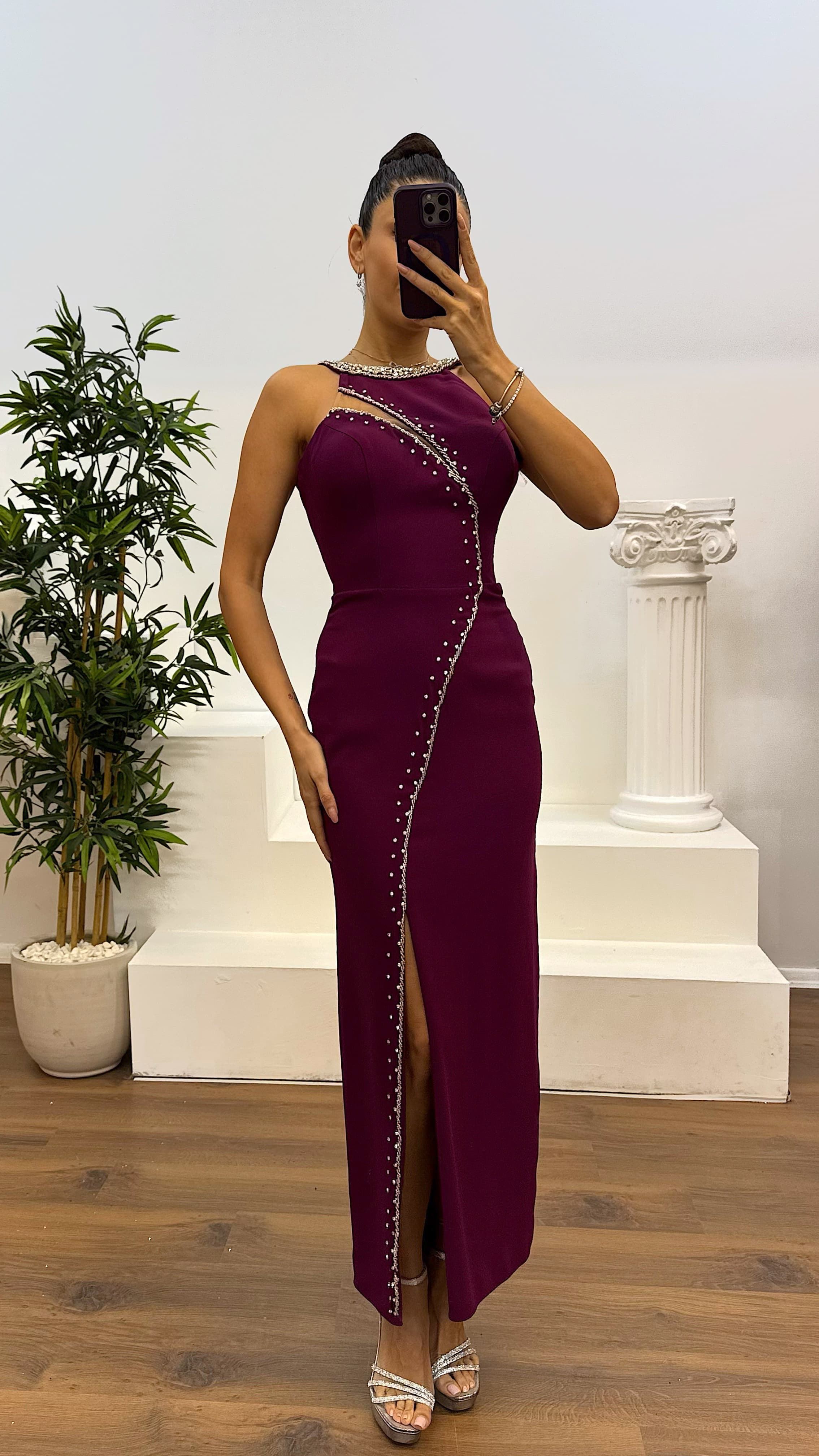 Halter Neckline Stone Detail Evening Dress