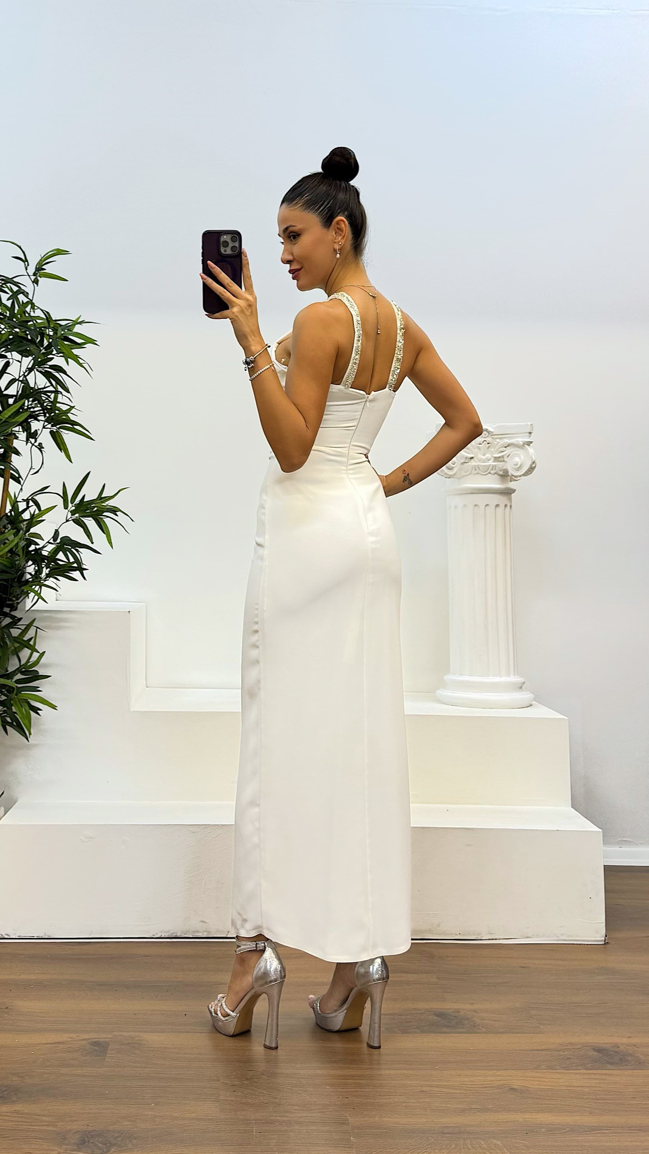 Halter Neckline Stone Detail Evening Dress