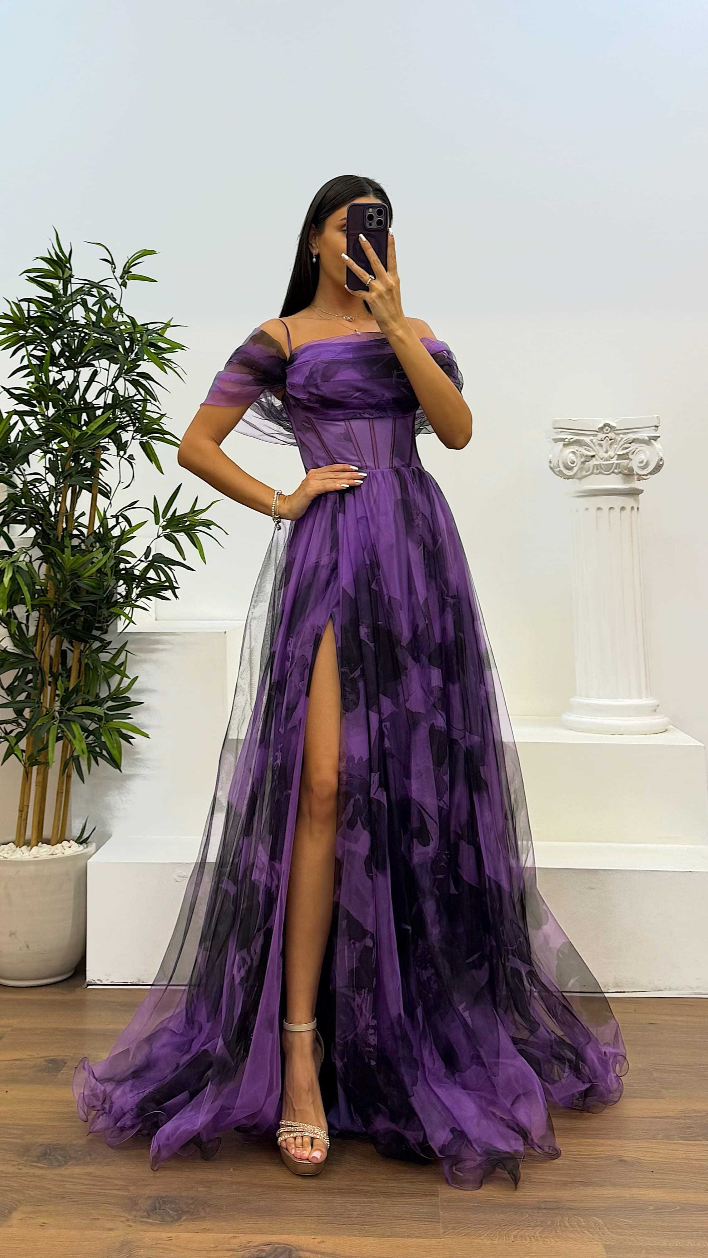 Patterned Tulle Evening Dress