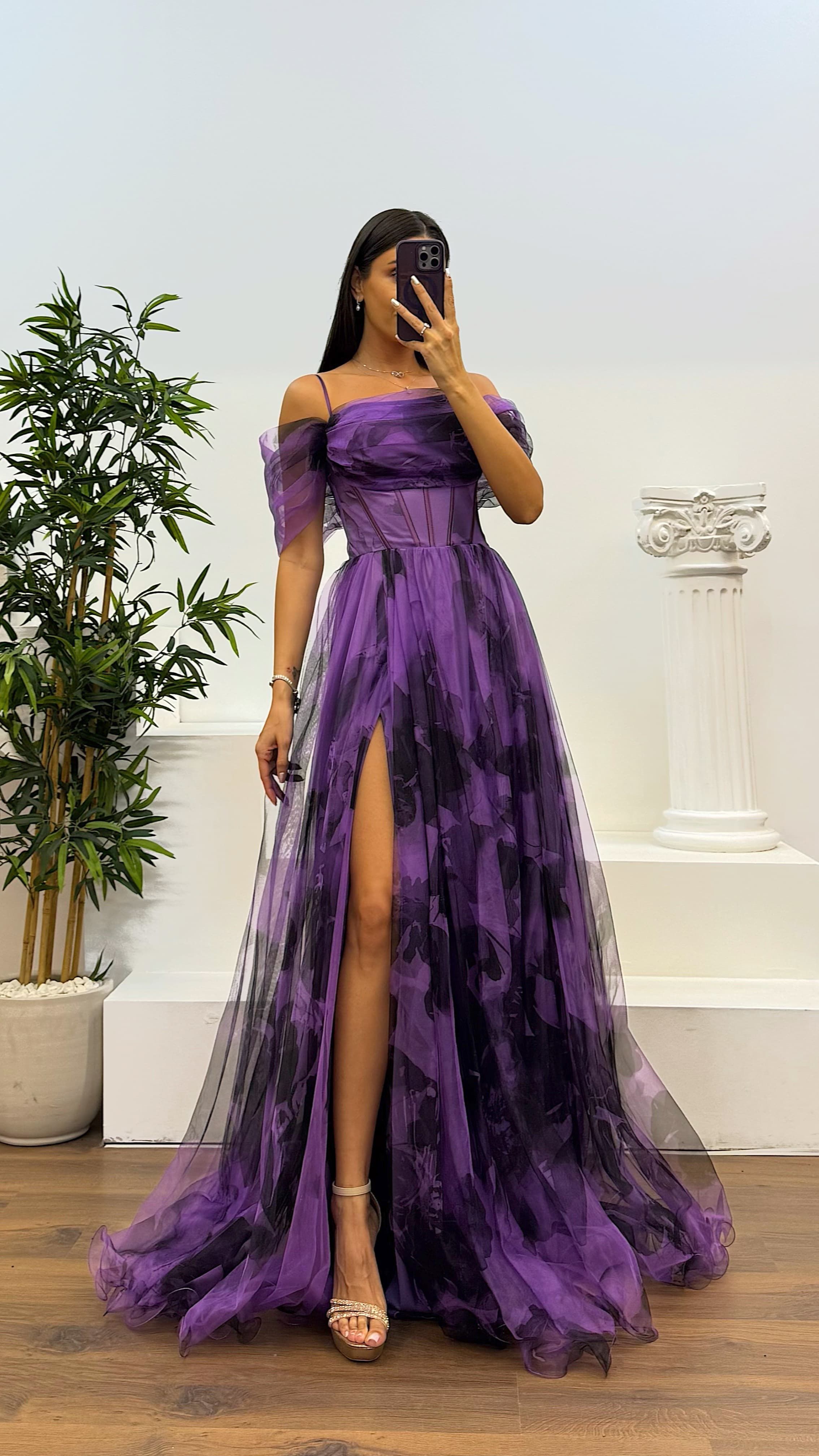 Patterned Tulle Evening Dress