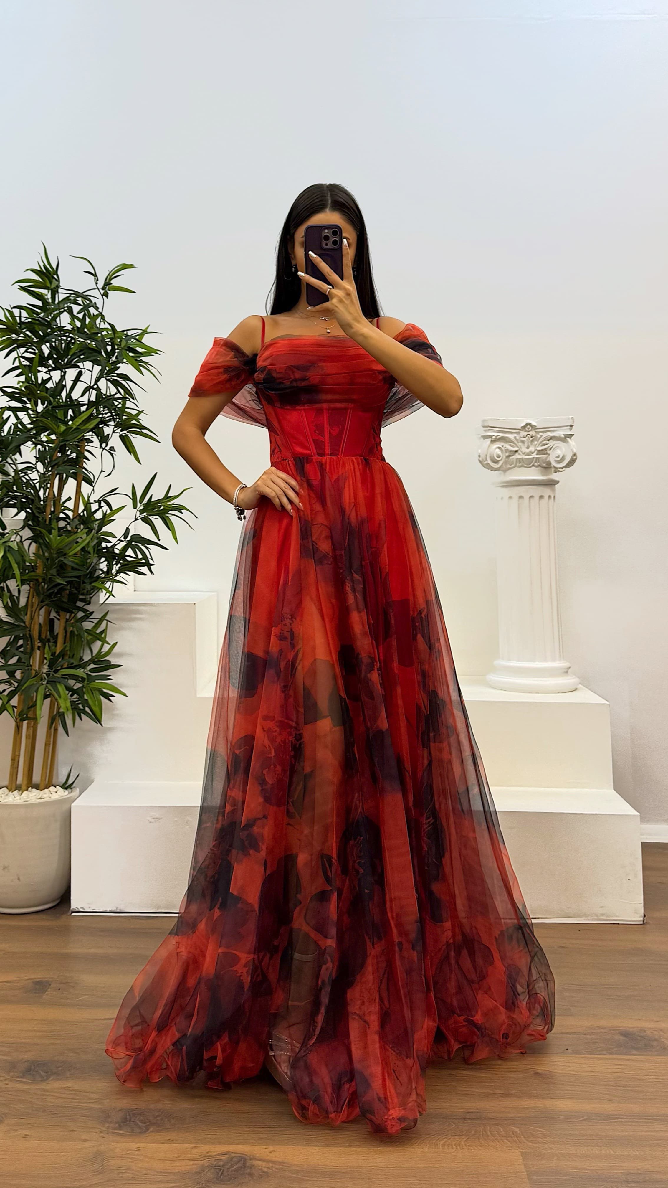 Patterned Tulle Evening Dress