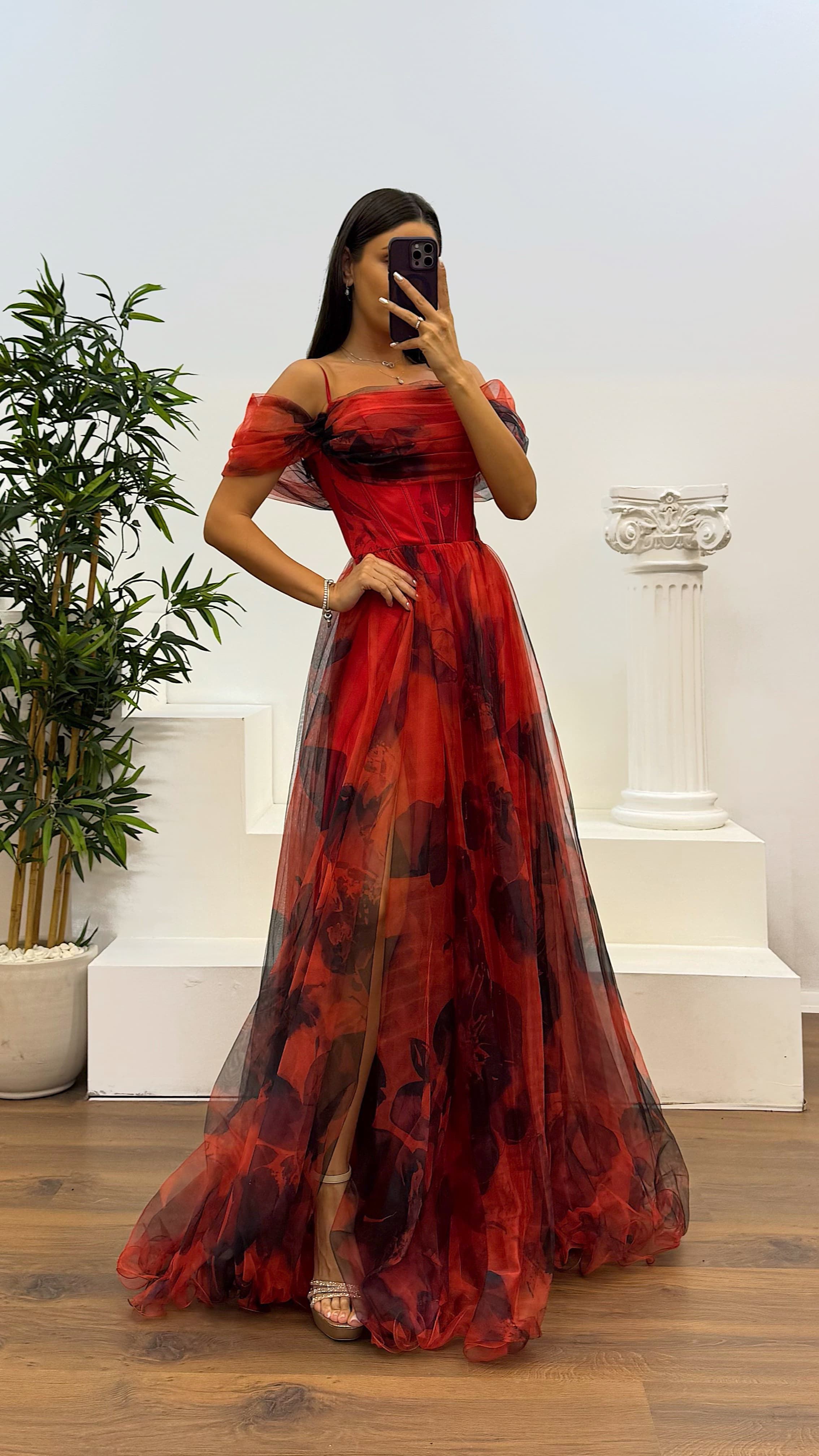 Patterned Tulle Evening Dress