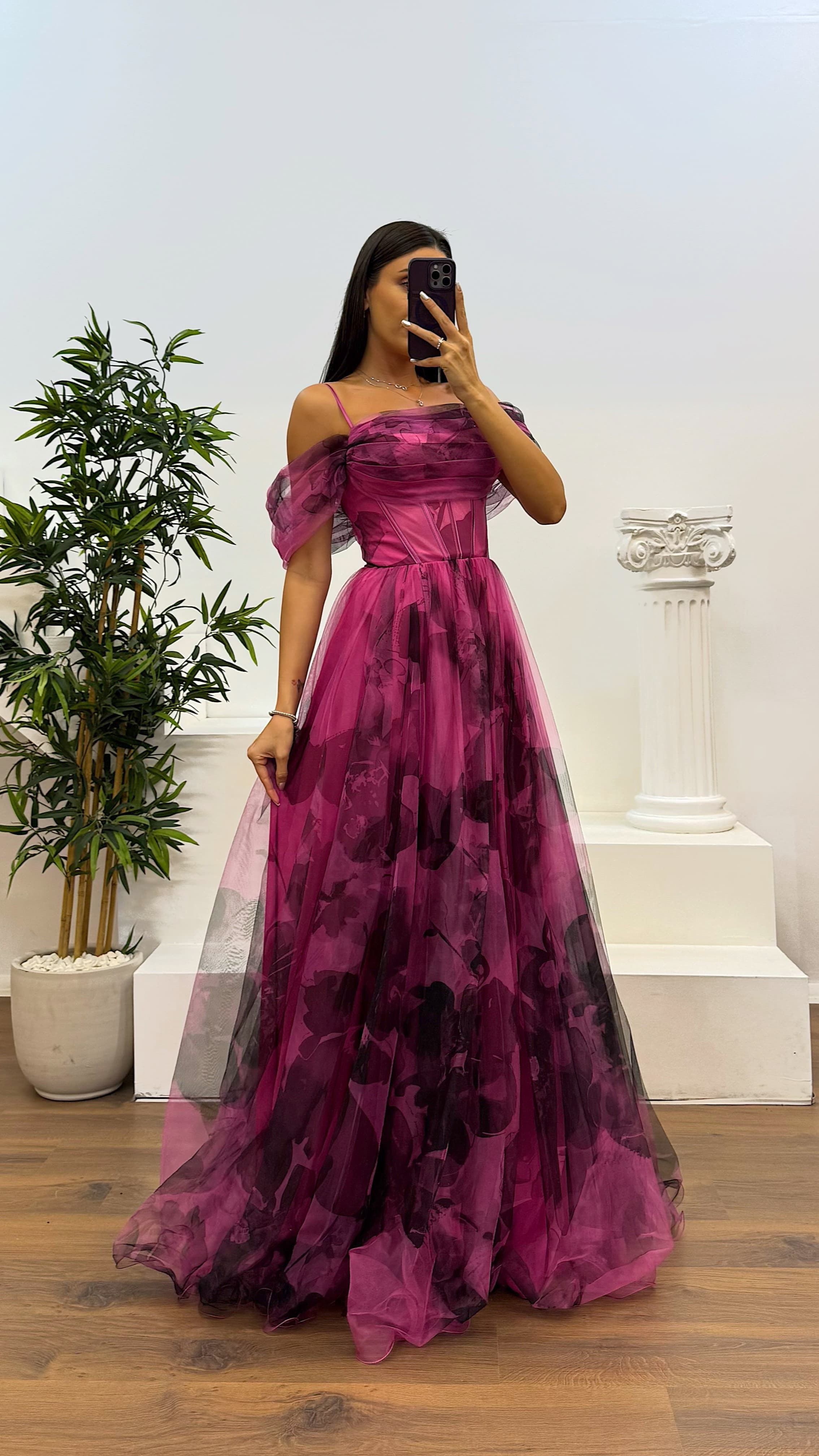 Patterned Tulle Evening Dress