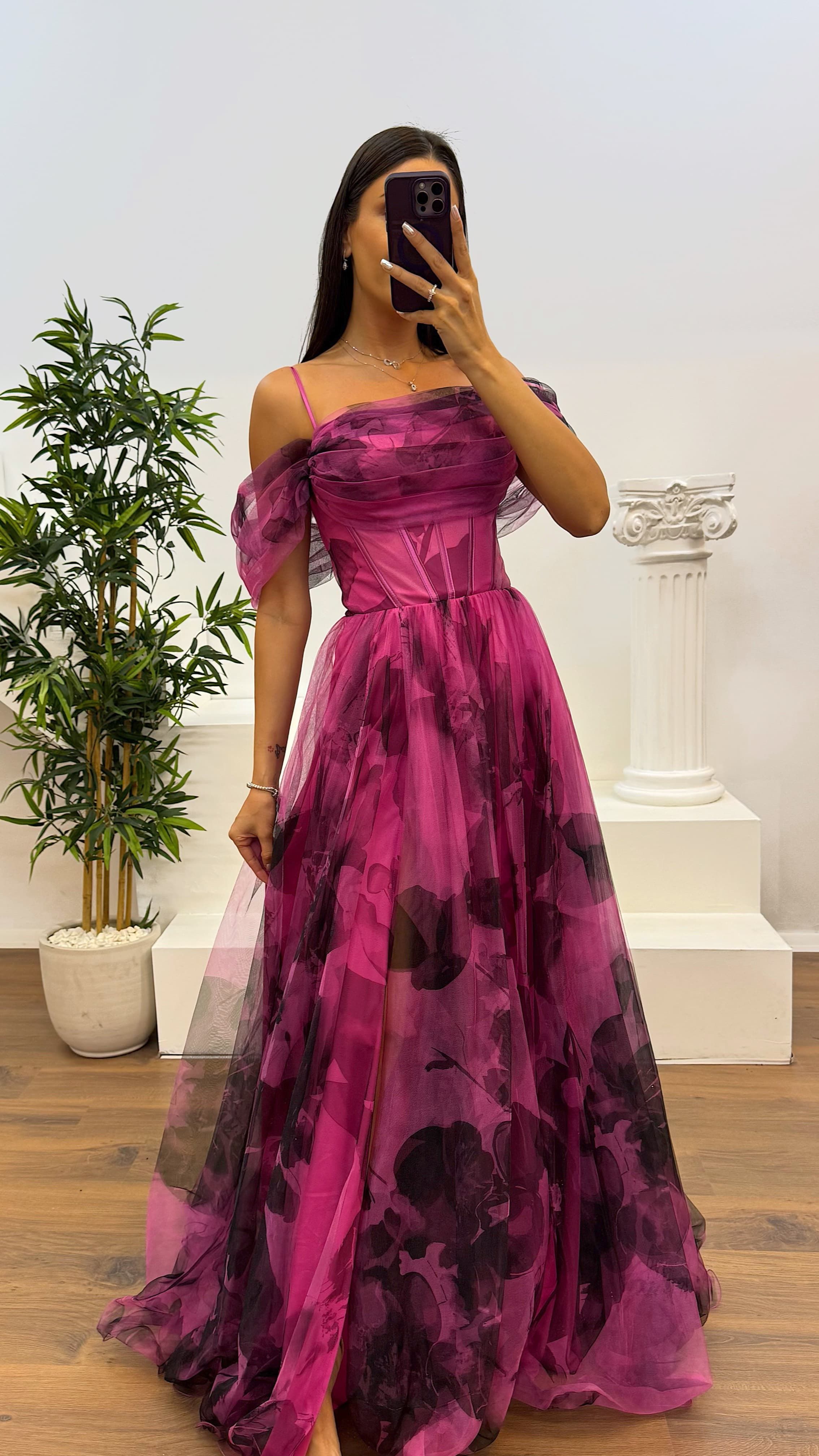 Patterned Tulle Evening Dress