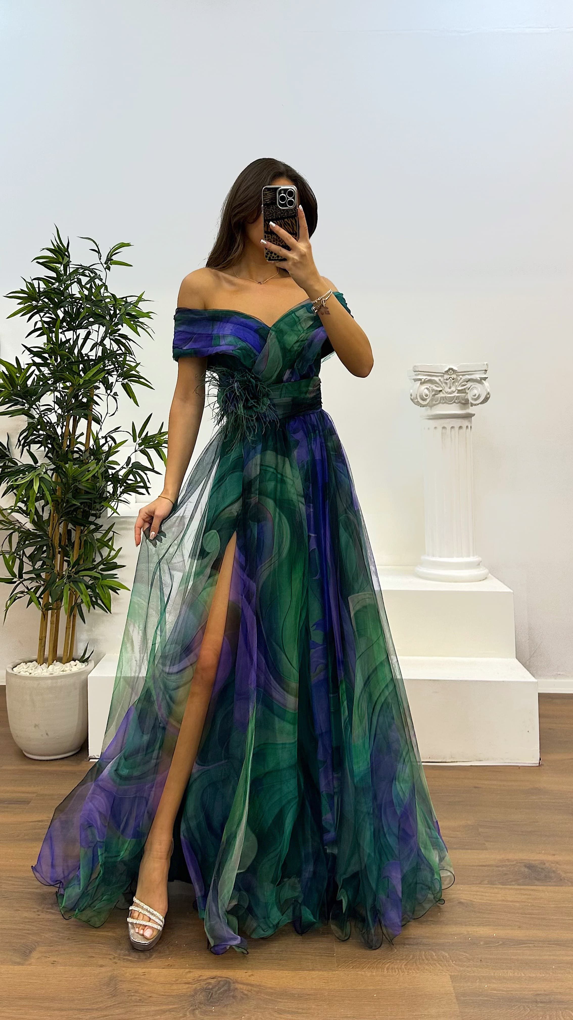 Madonna Neck Patterned Tulle Evening Dress