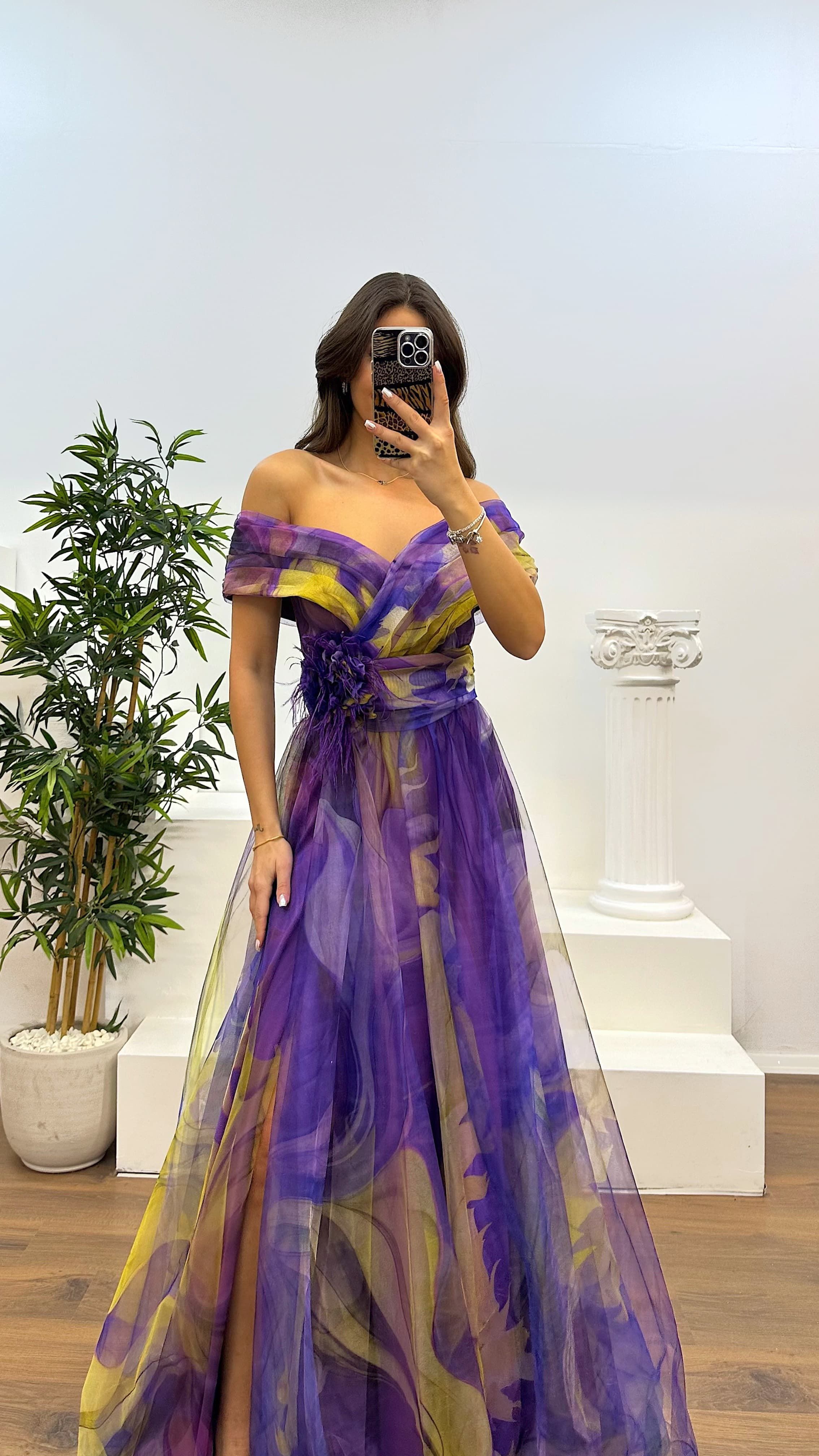 Madonna Neck Patterned Tulle Evening Dress