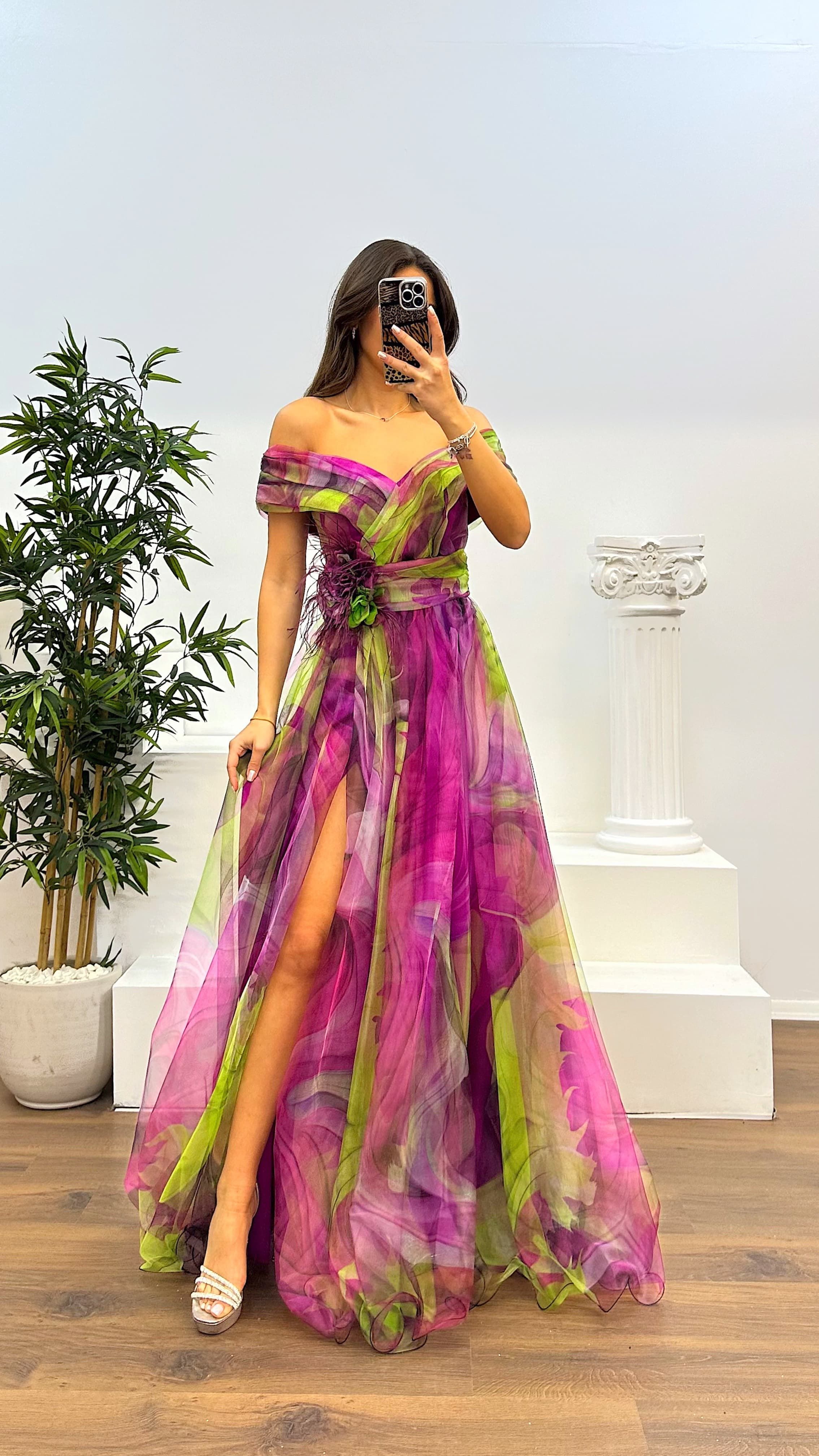 Madonna Neck Patterned Tulle Evening Dress