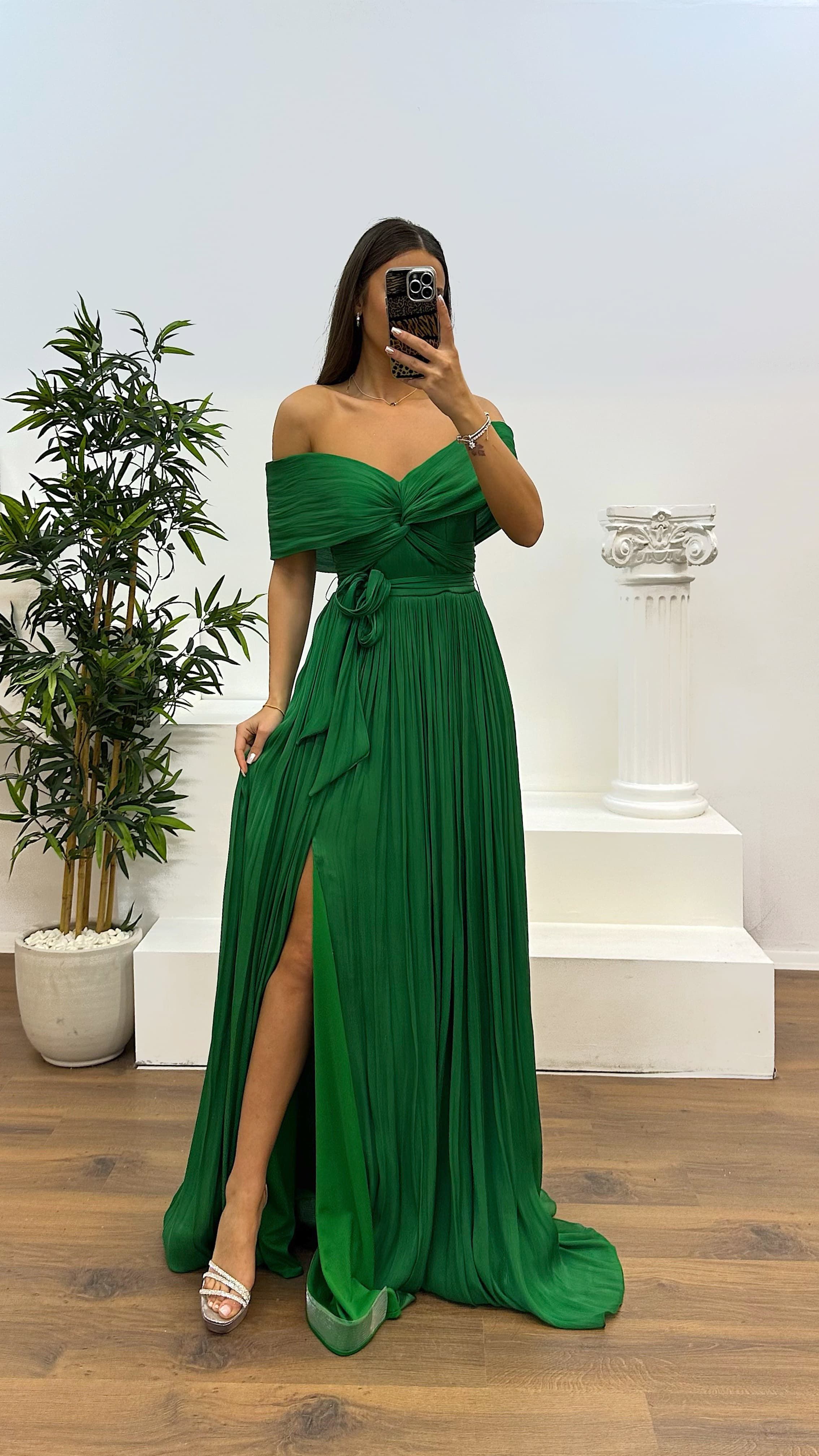 Boat Neck Pleated Evening Dress