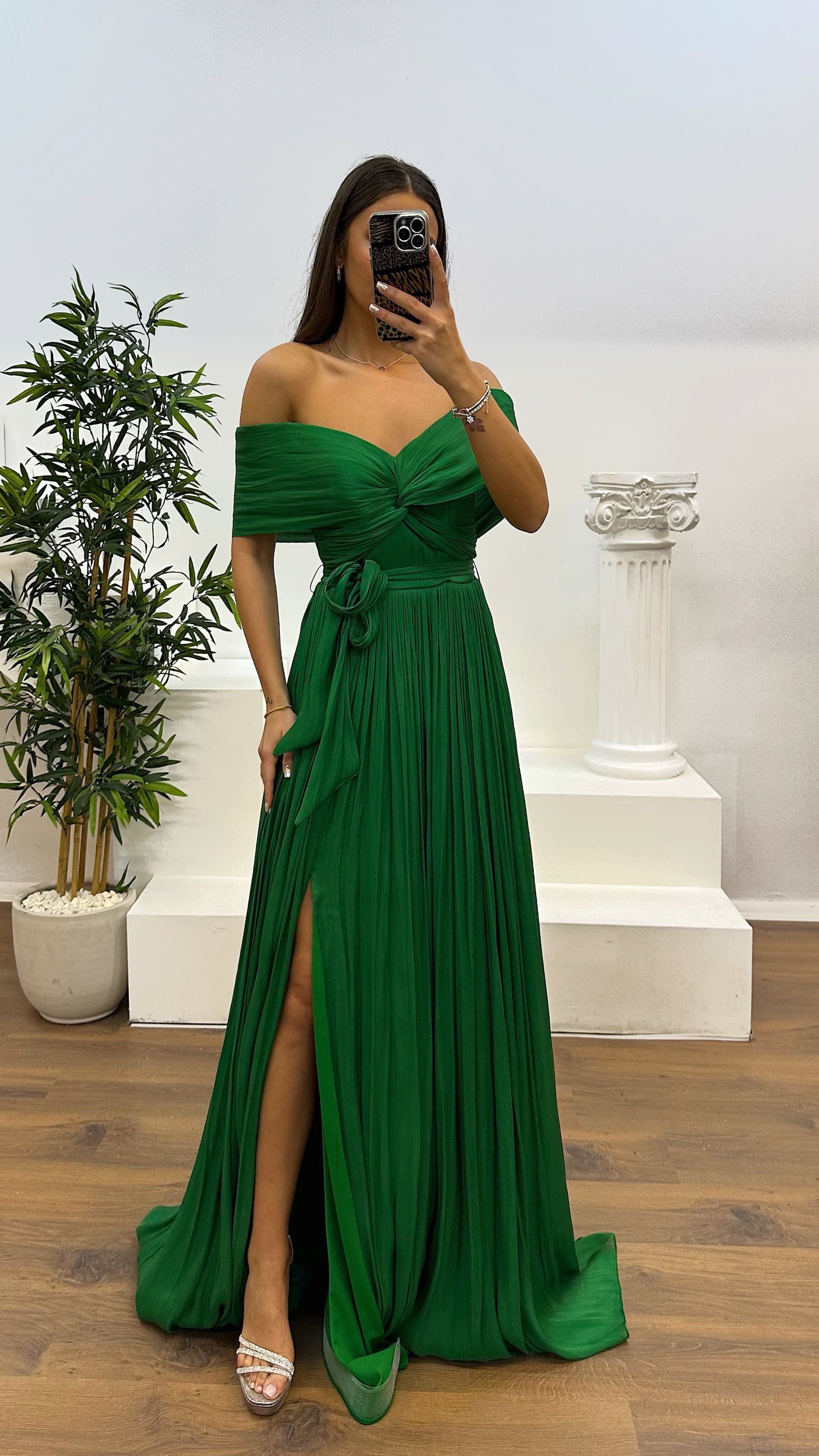 Boat Neck Pleated Evening Dress