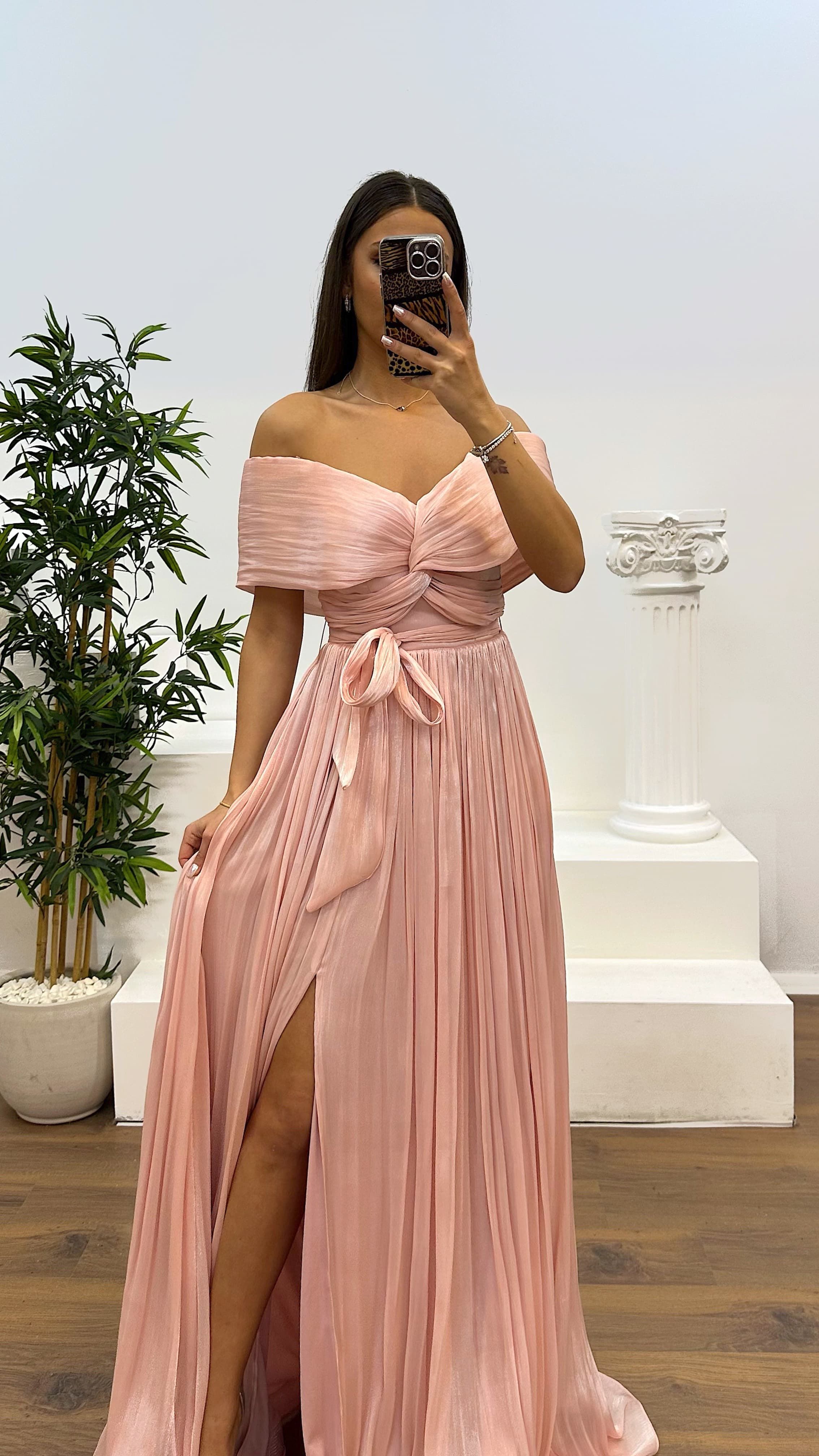 Boat Neck Pleated Evening Dress