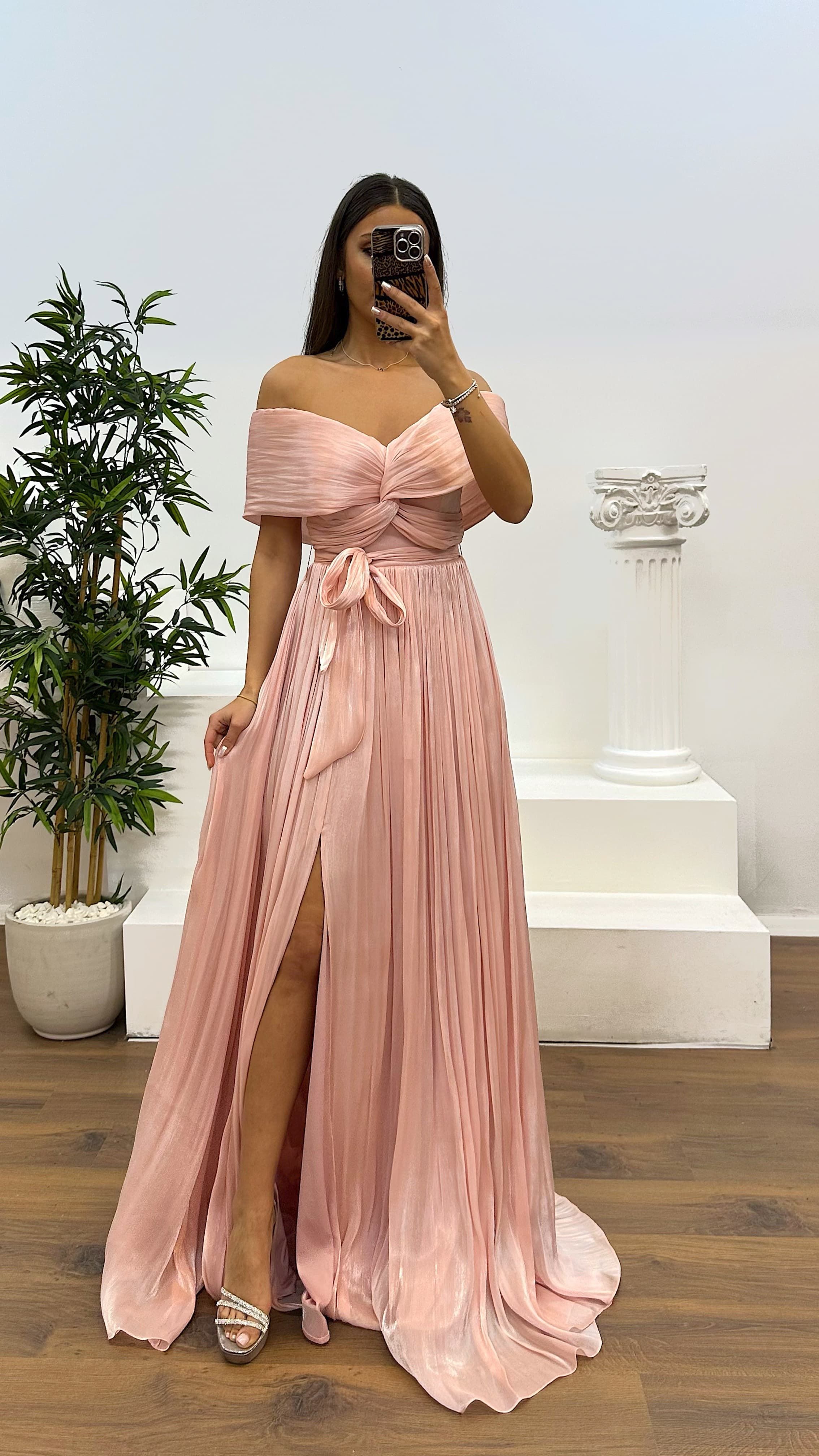 Boat Neck Pleated Evening Dress