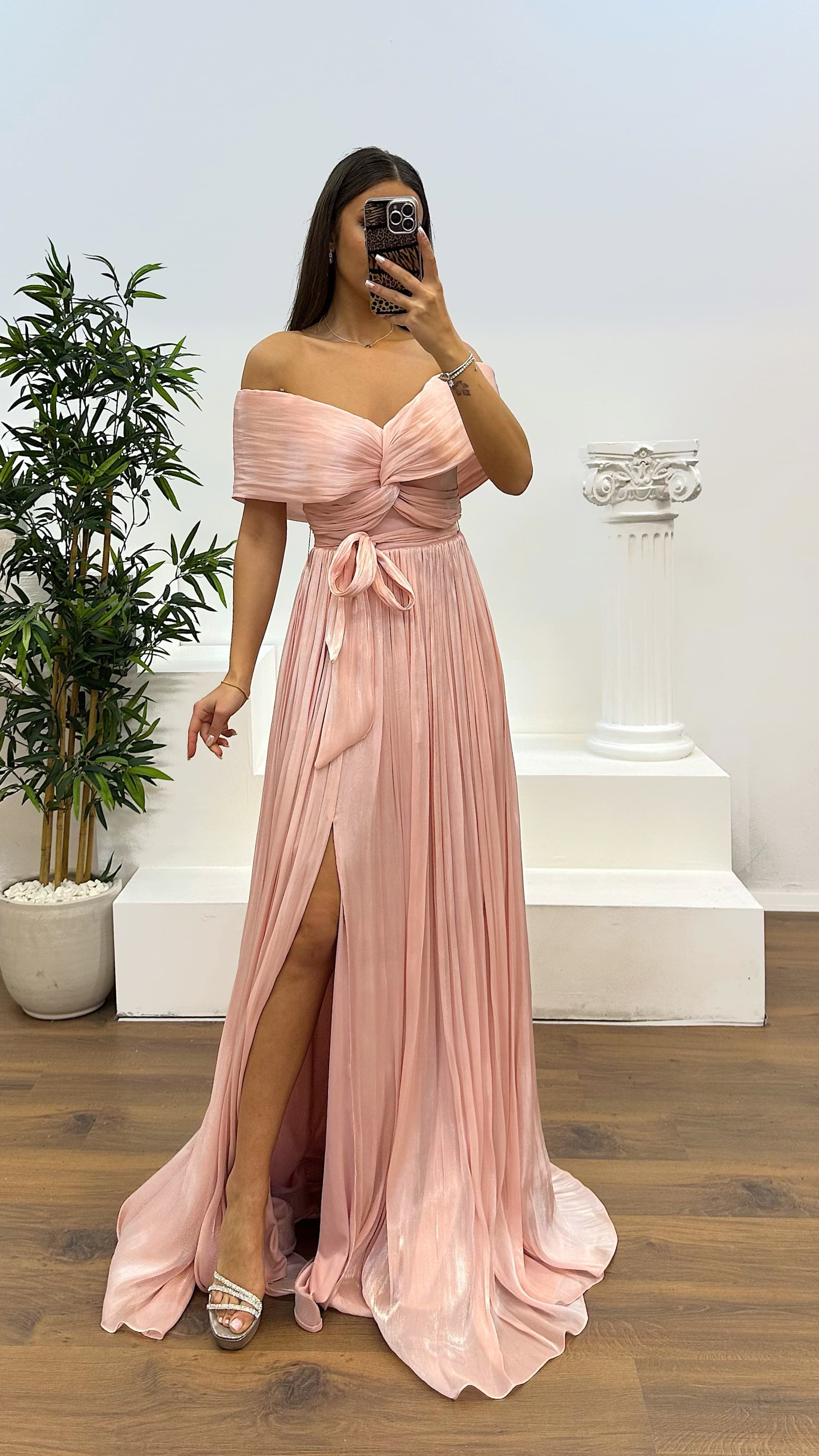 Boat Neck Pleated Evening Dress