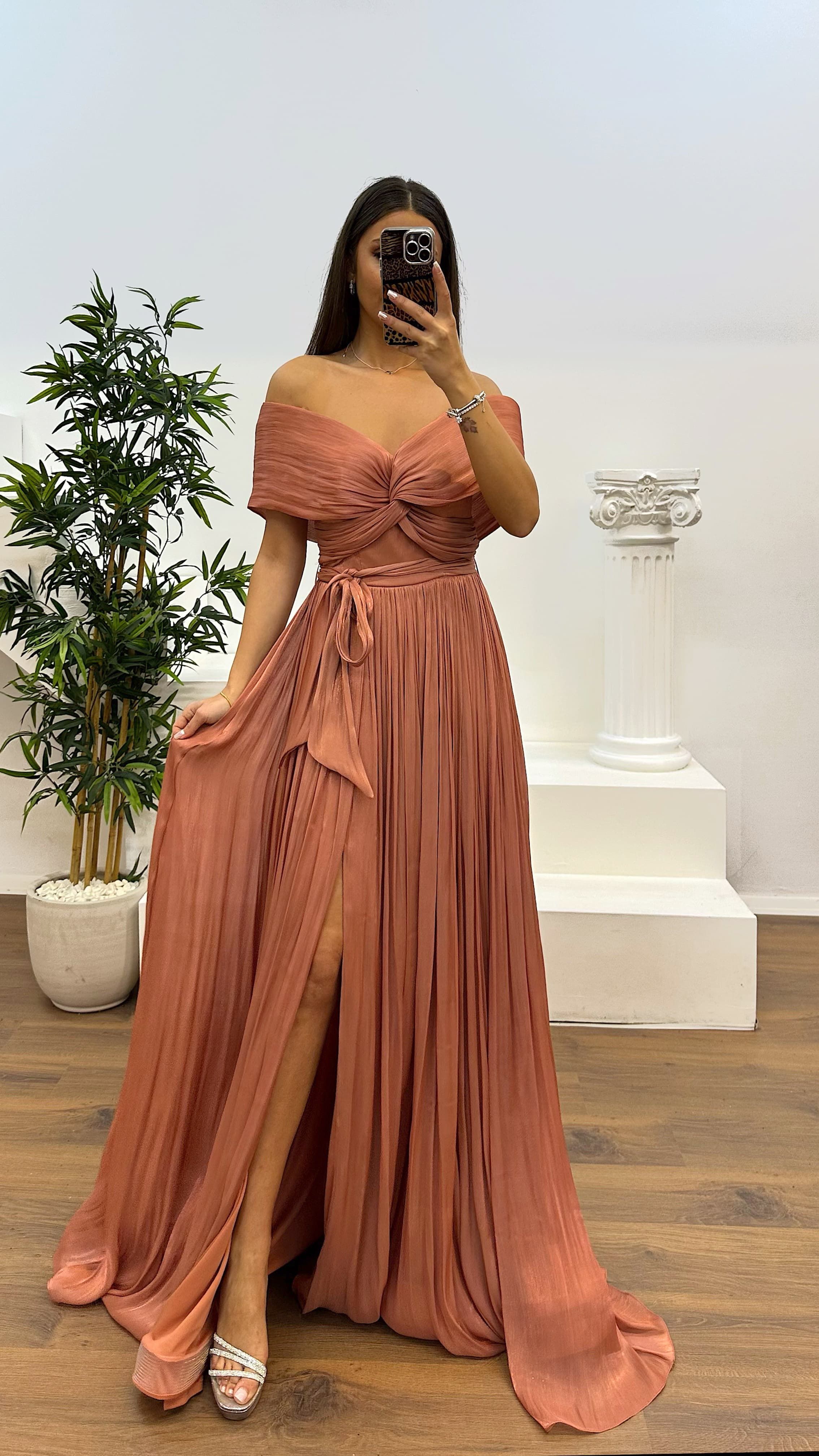 Boat Neck Pleated Evening Dress