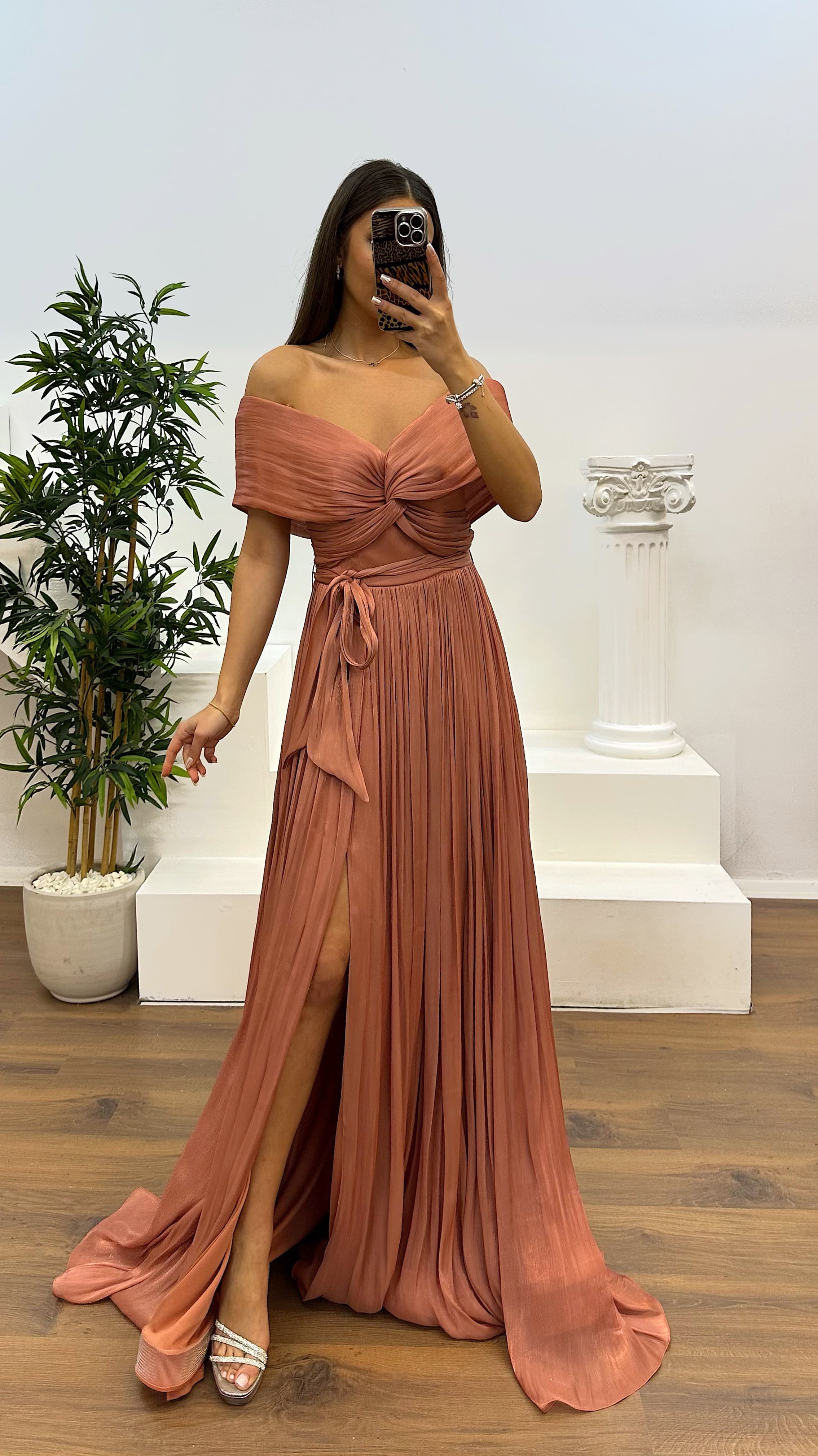 Boat Neck Pleated Evening Dress