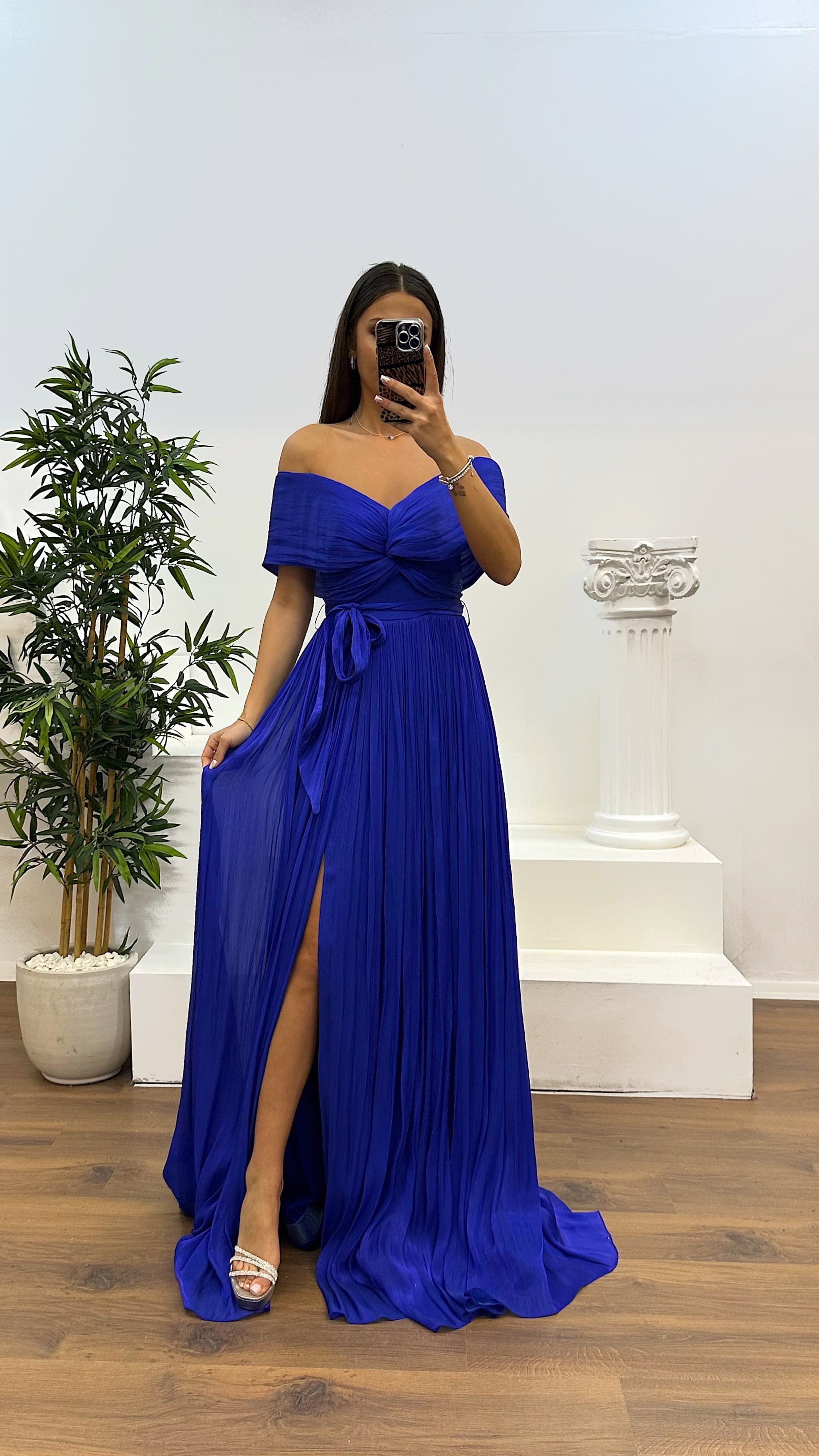 Boat Neck Pleated Evening Dress